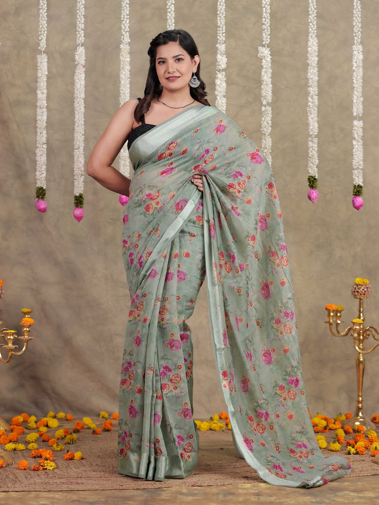 Chanderi Floral Sage Green Saree