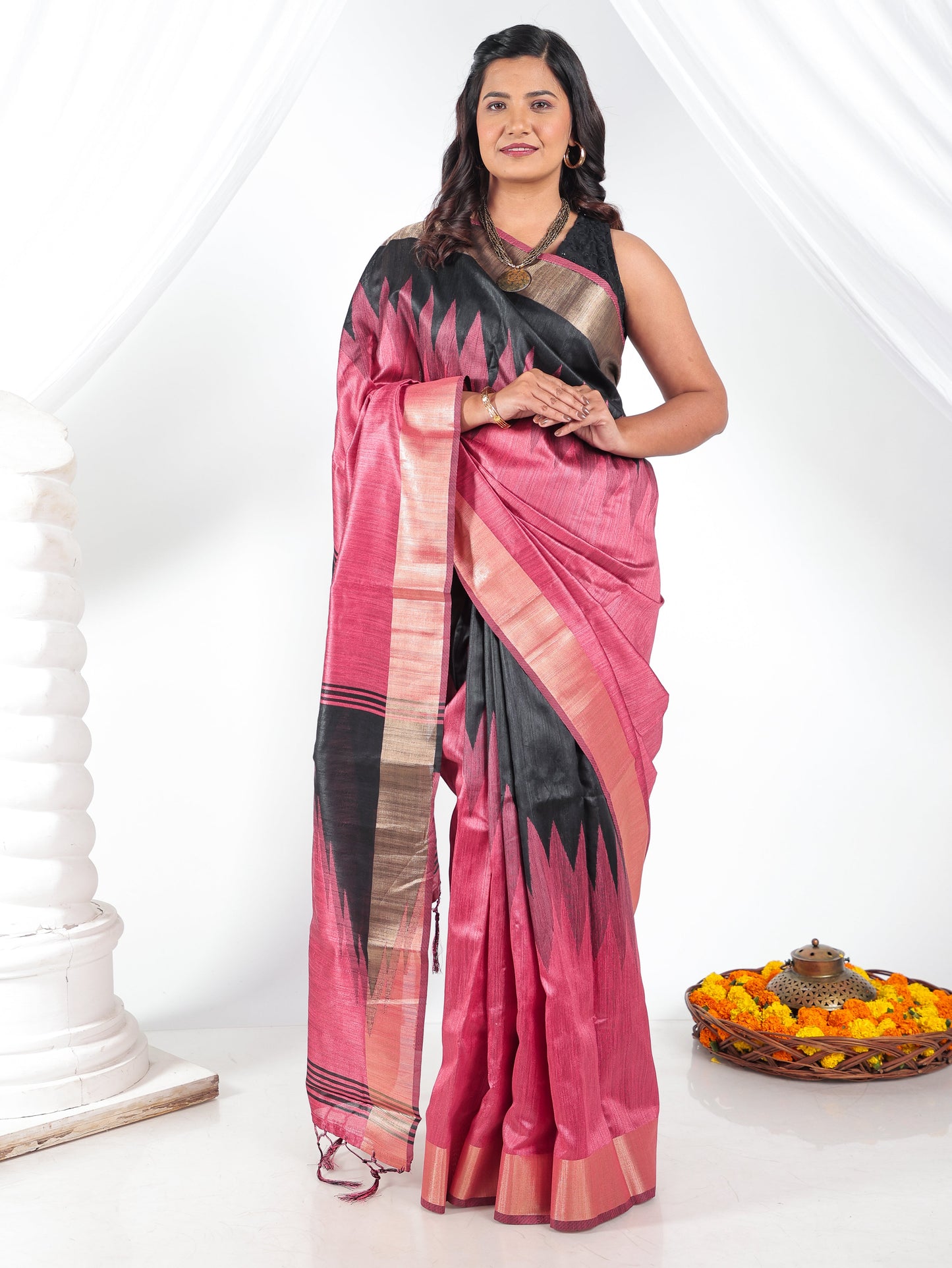 Printed Brocade Silk Black Saree