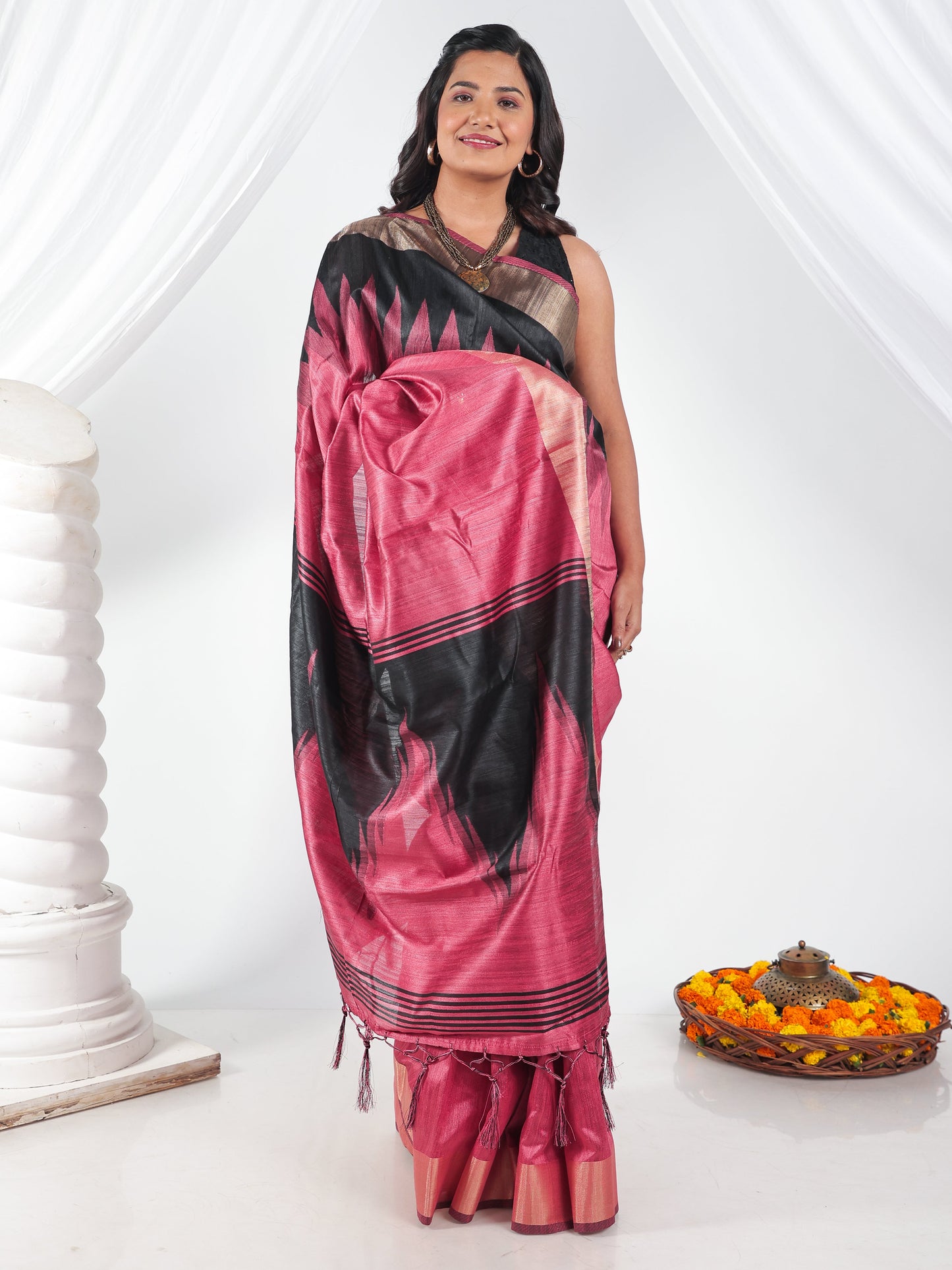 Printed Brocade Silk Black Saree
