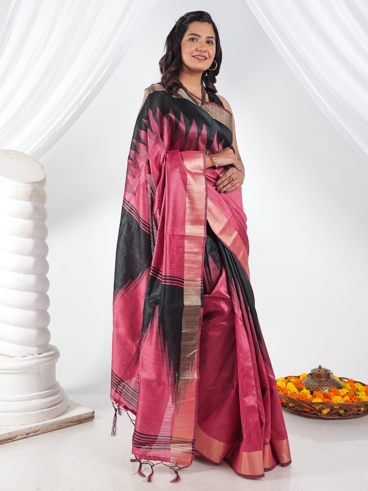 Printed Brocade Silk Black Saree