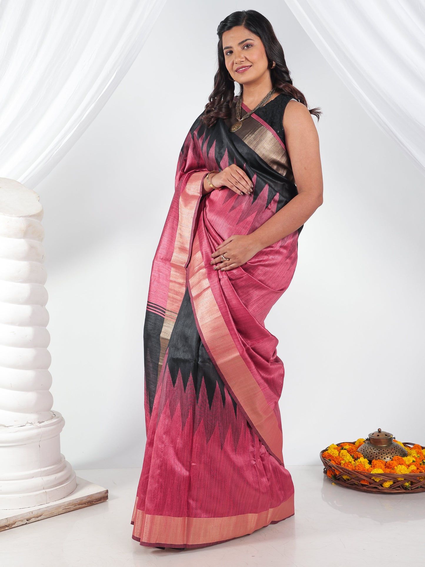 Printed Brocade Silk Black Saree