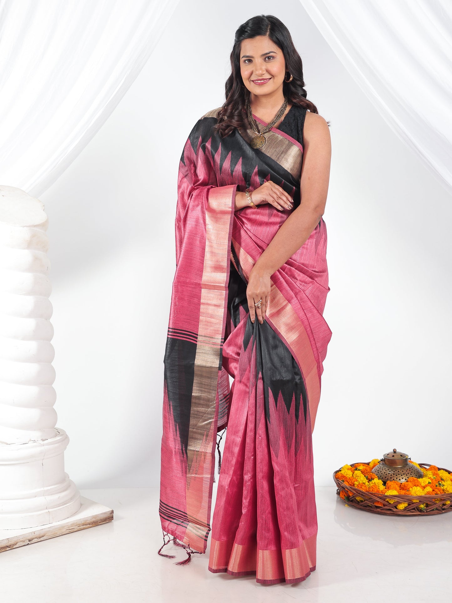 Printed Brocade Silk Black Saree