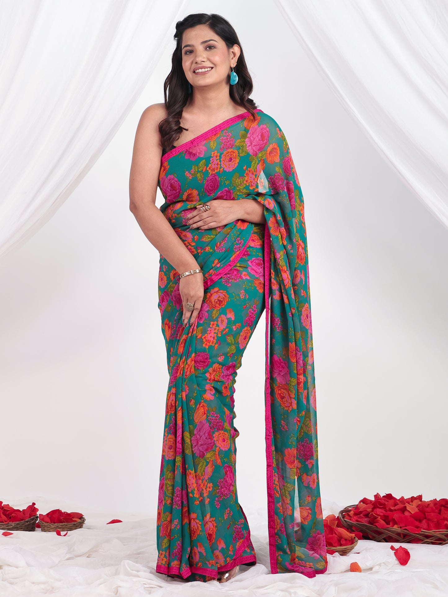 Chiffon Floral Green Saree