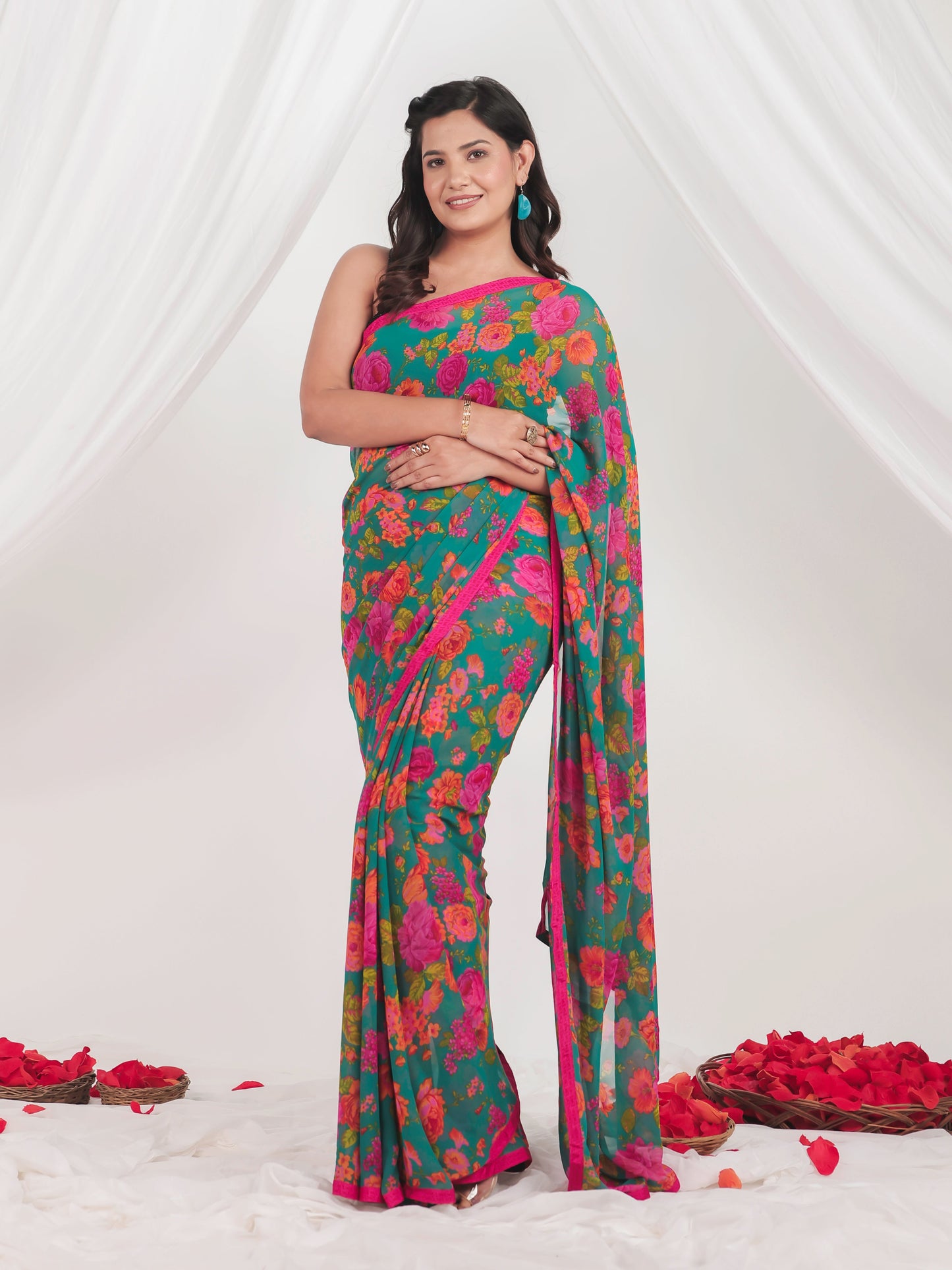 Chiffon Floral Green Saree