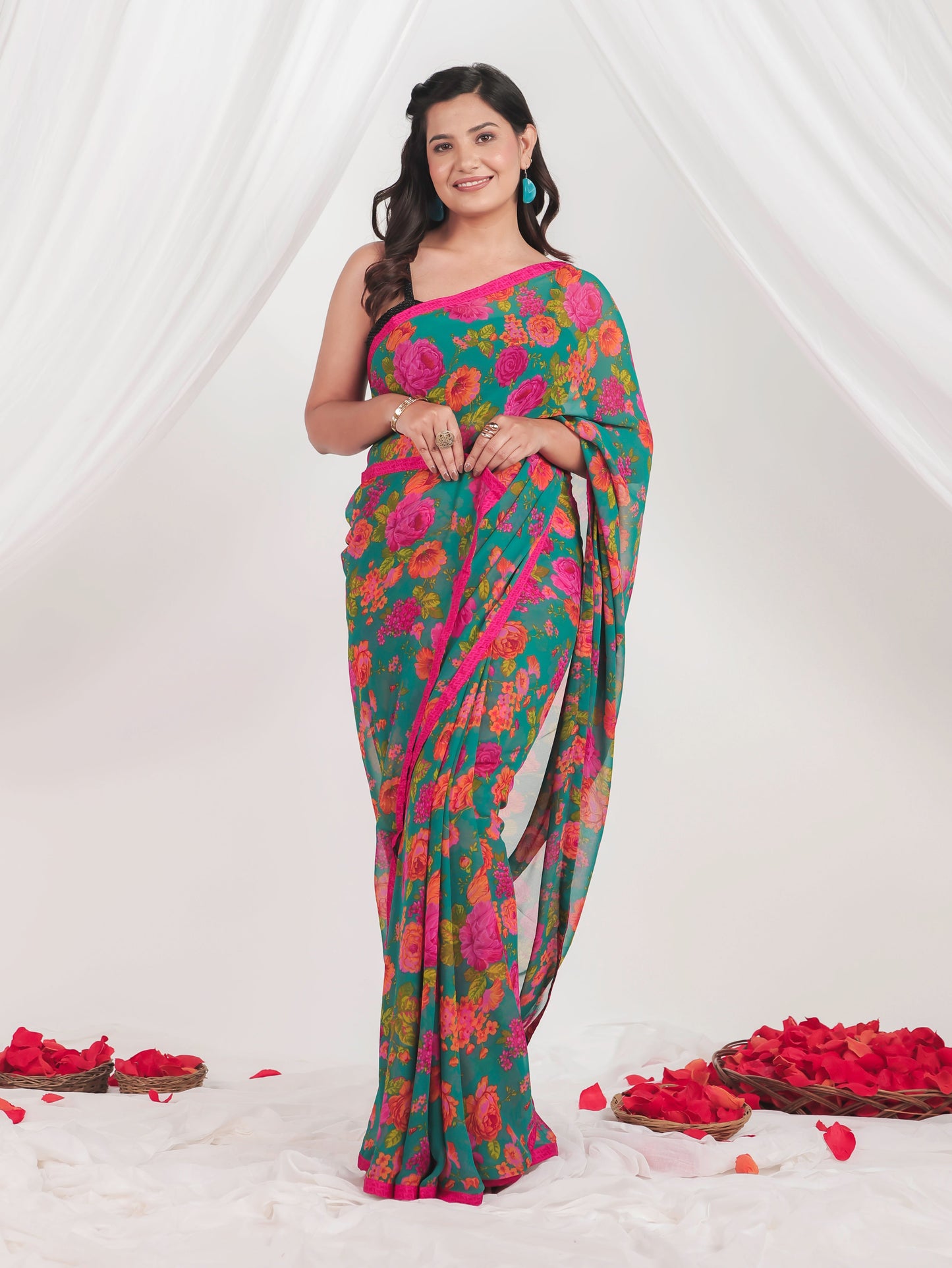 Chiffon Floral Green Saree