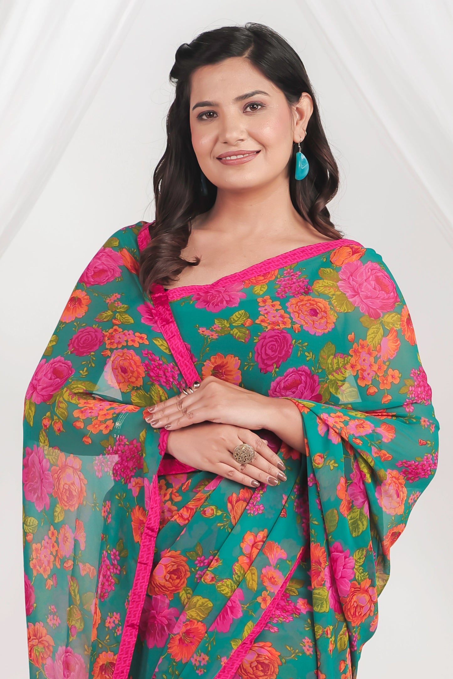 Chiffon Floral Green Saree