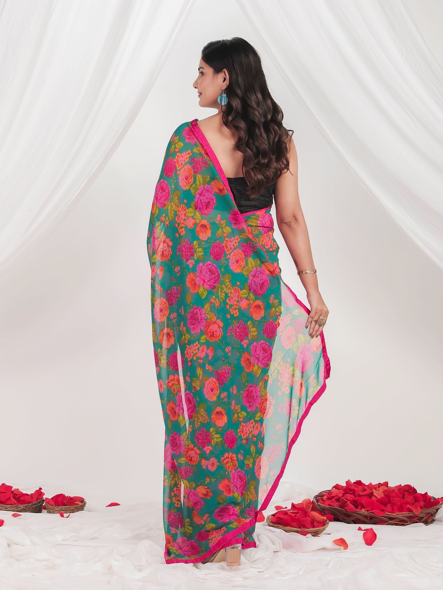 Chiffon Floral Green Saree