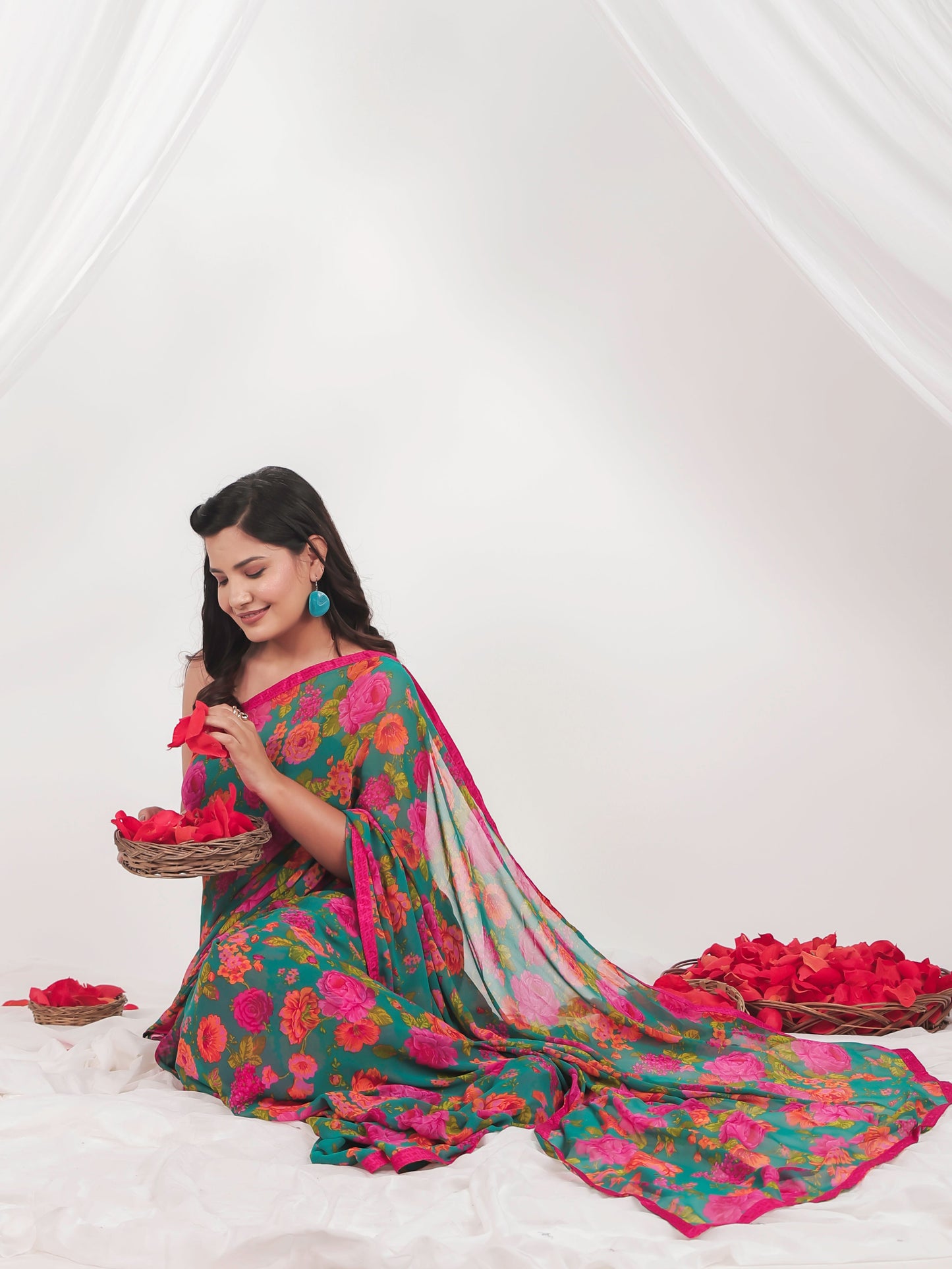 Chiffon Floral Green Saree