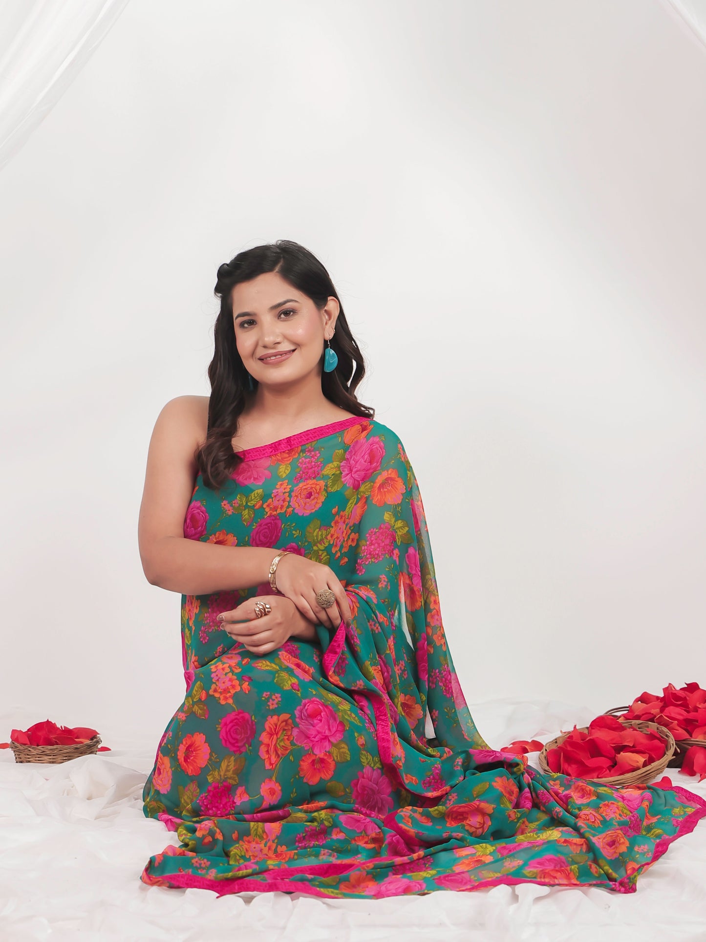 Chiffon Floral Green Saree