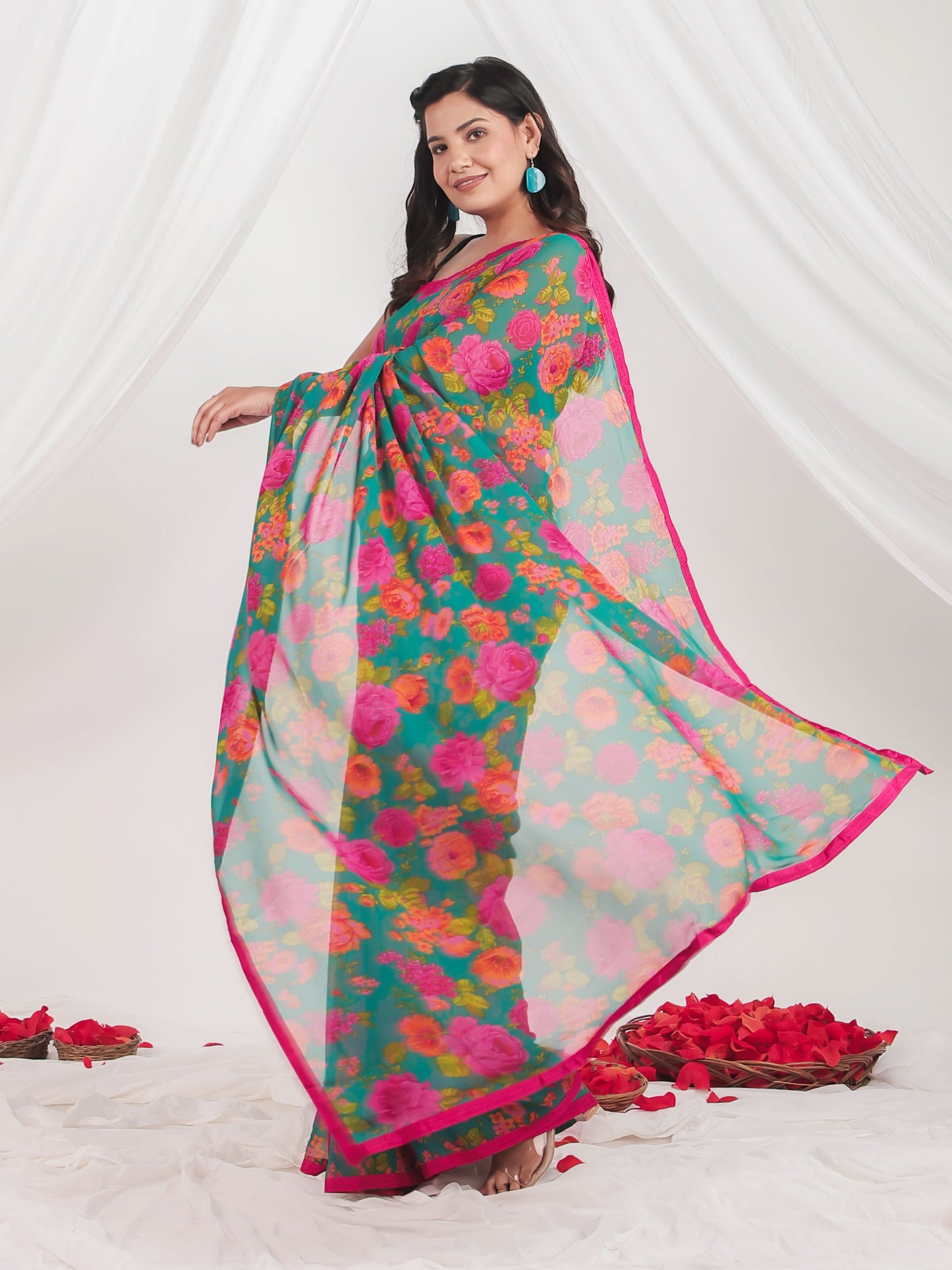 Chiffon Floral Green Saree