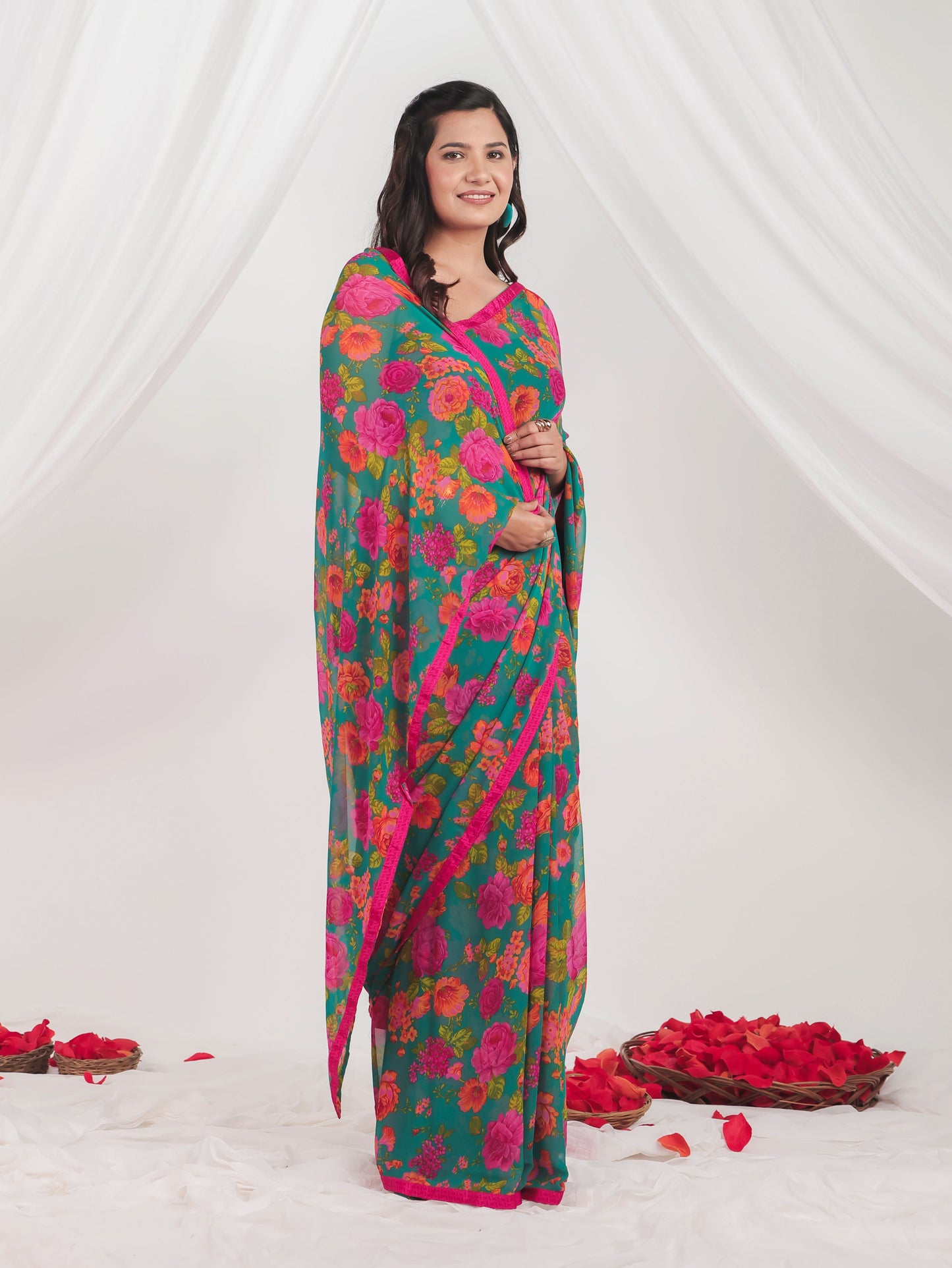 Chiffon Floral Green Saree