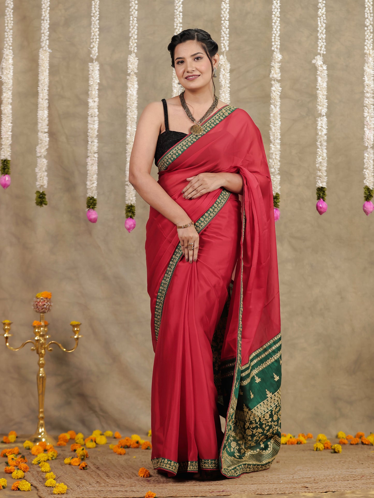 Embroidered Silk Crepe Solid Red Saree