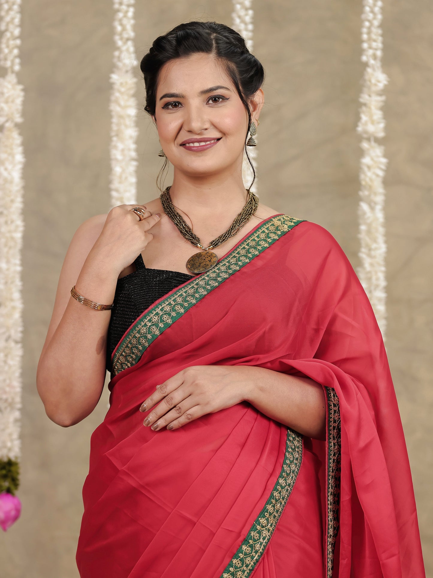 Embroidered Silk Crepe Solid Red Saree