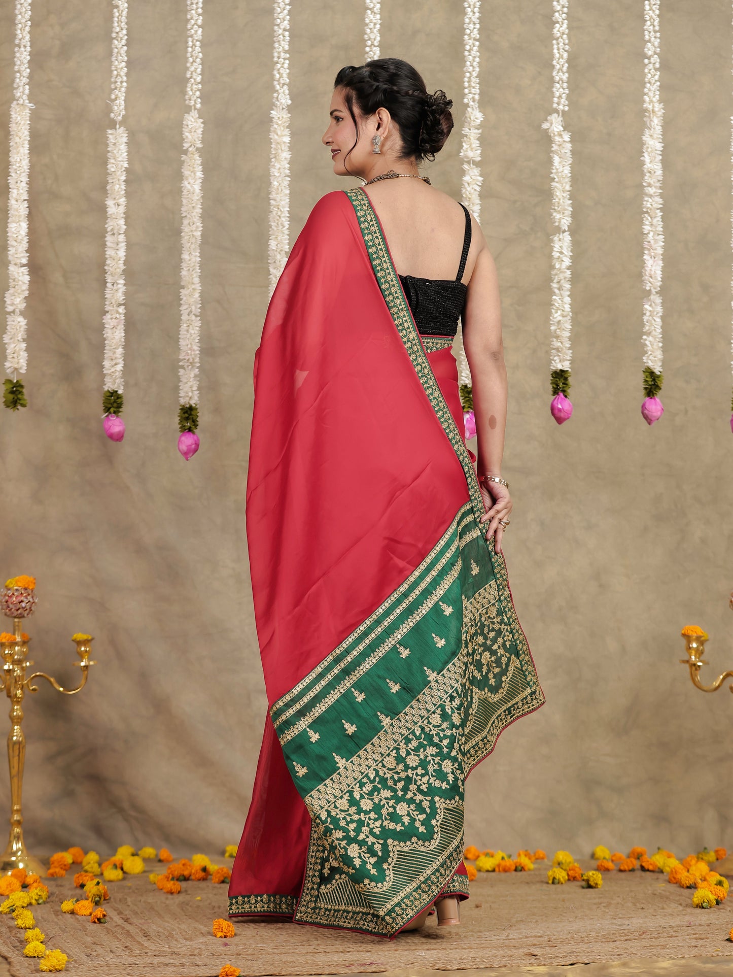 Embroidered Silk Crepe Solid Red Saree