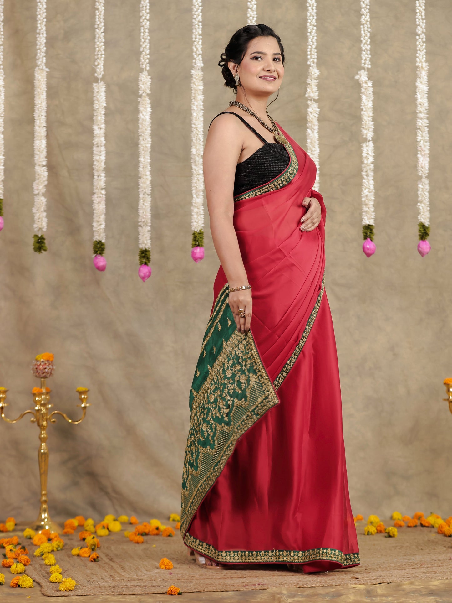 Embroidered Silk Crepe Solid Red Saree