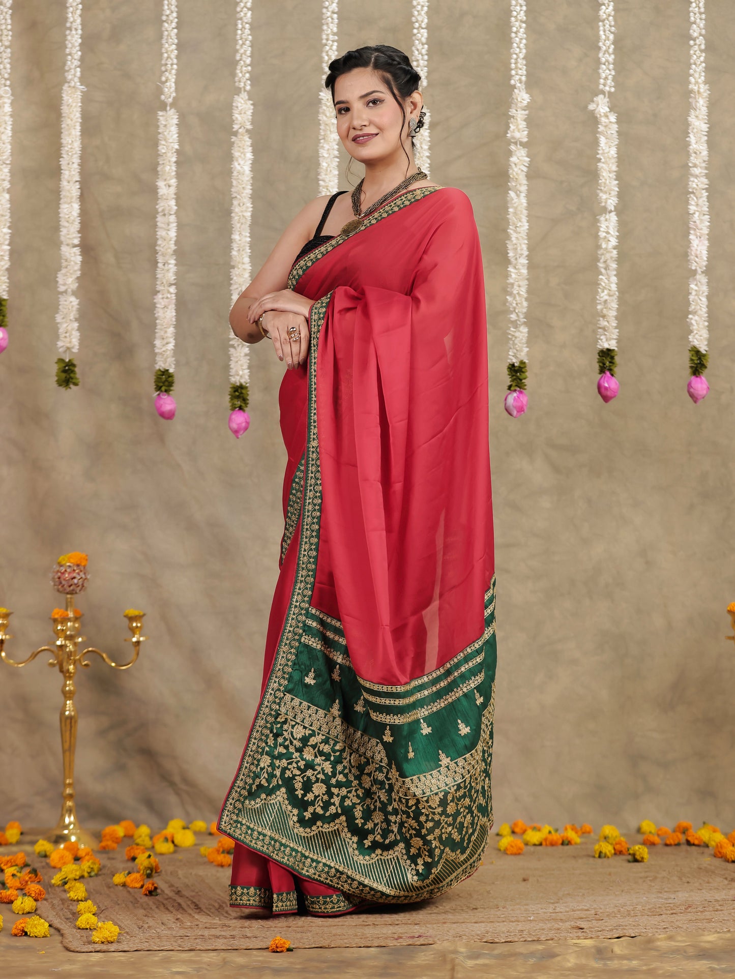 Embroidered Silk Crepe Solid Red Saree