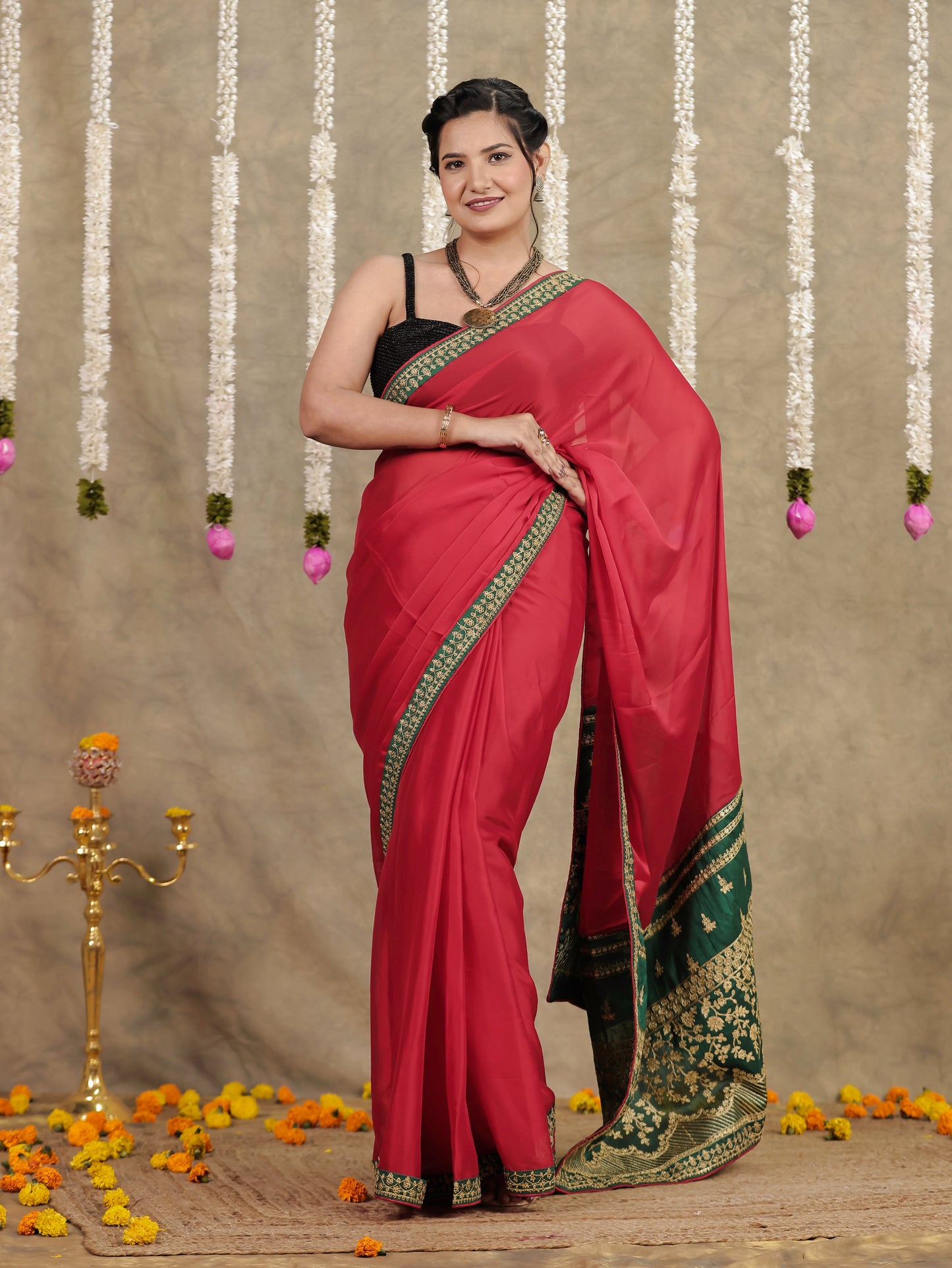 Embroidered Silk Crepe Solid Red Saree