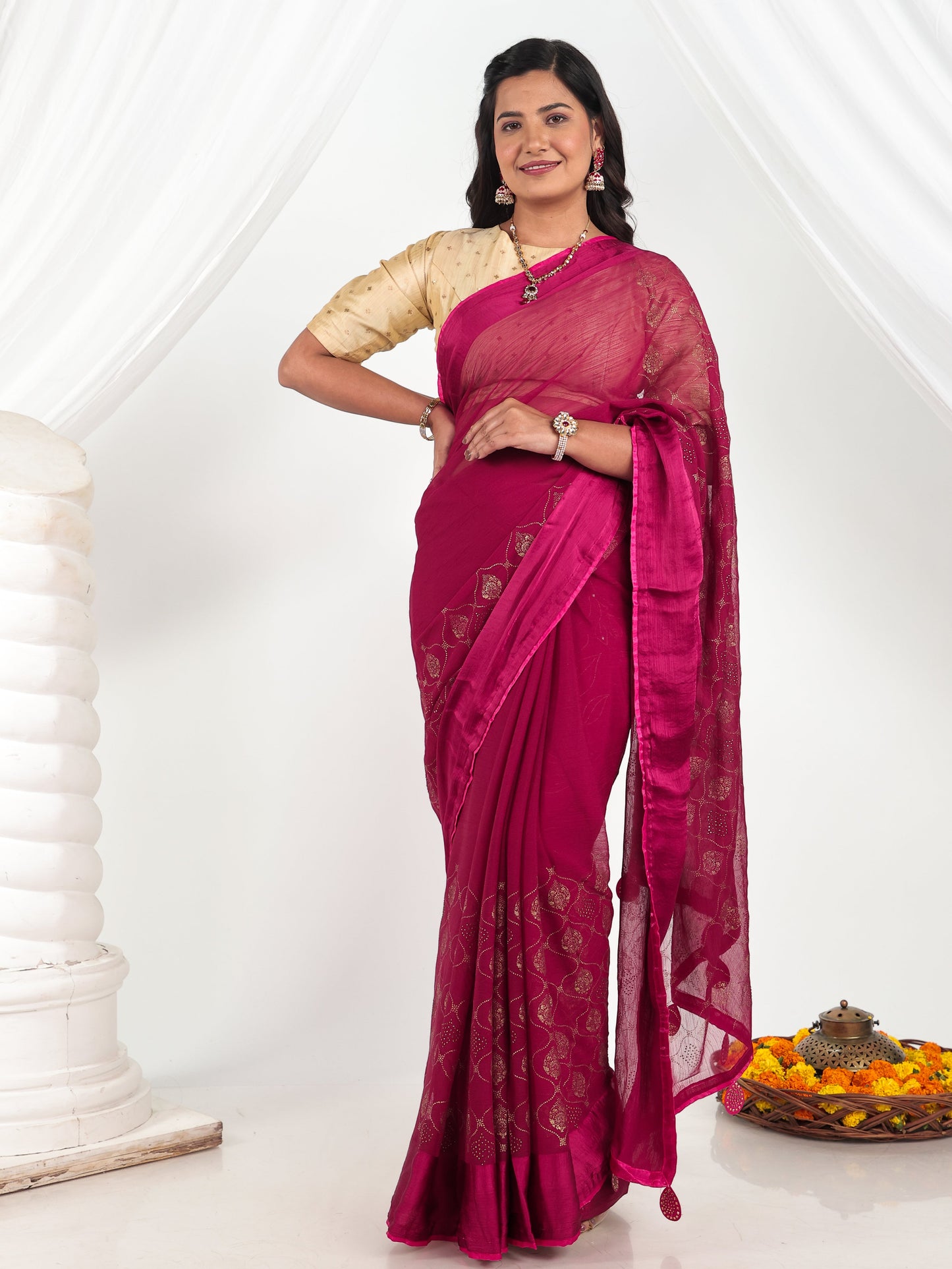 Chiffon Gold foil Pink Saree