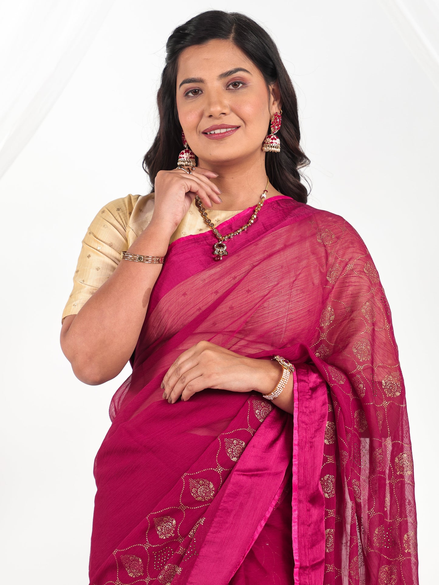 Chiffon Gold foil Pink Saree