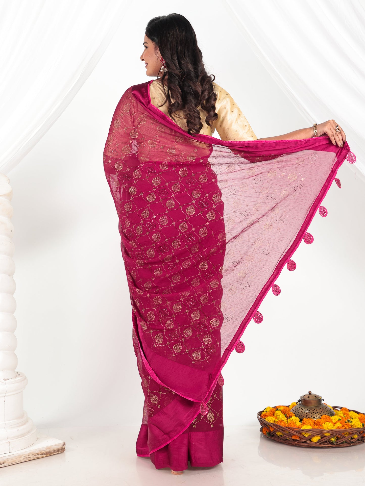 Chiffon Gold foil Pink Saree