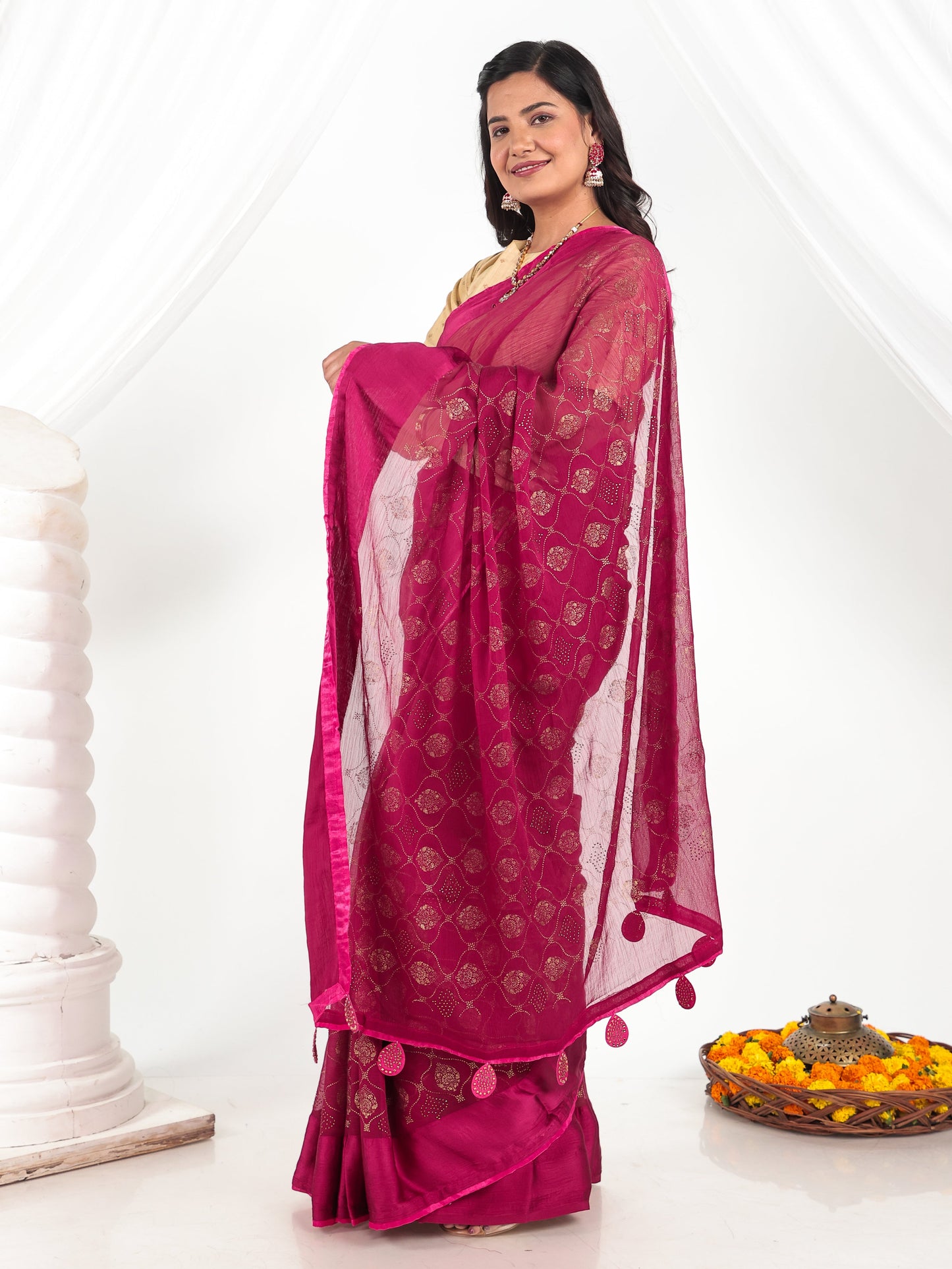 Chiffon Gold foil Pink Saree