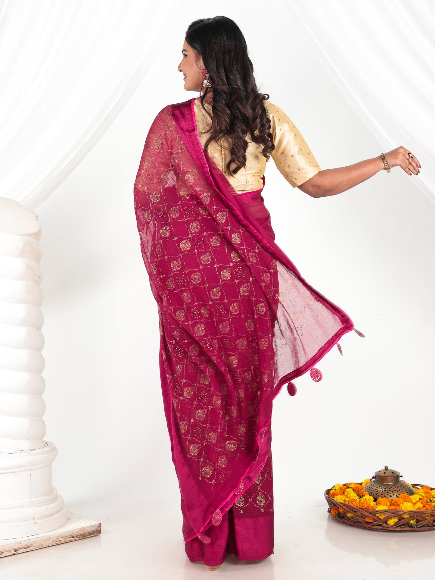 Chiffon Gold foil Pink Saree