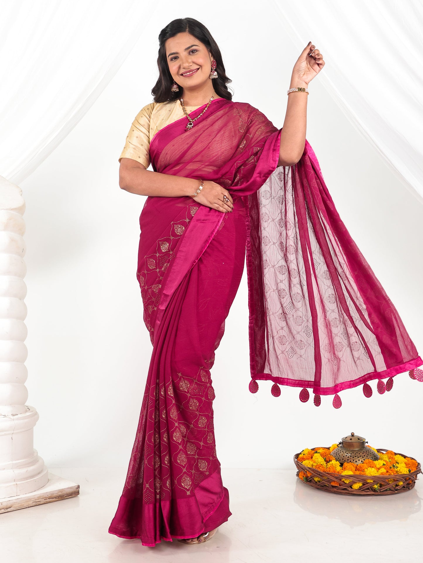 Chiffon Gold foil Pink Saree
