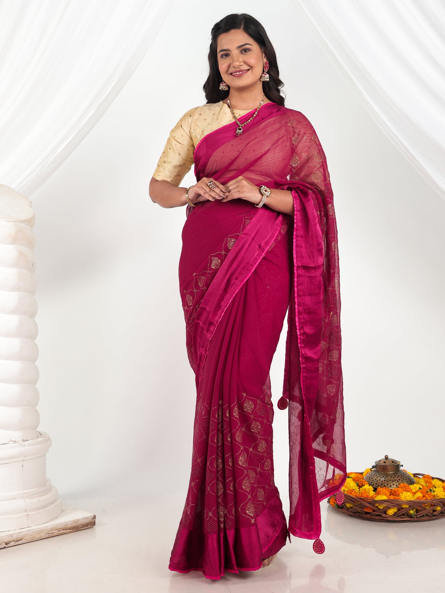 Chiffon Gold foil Pink Saree