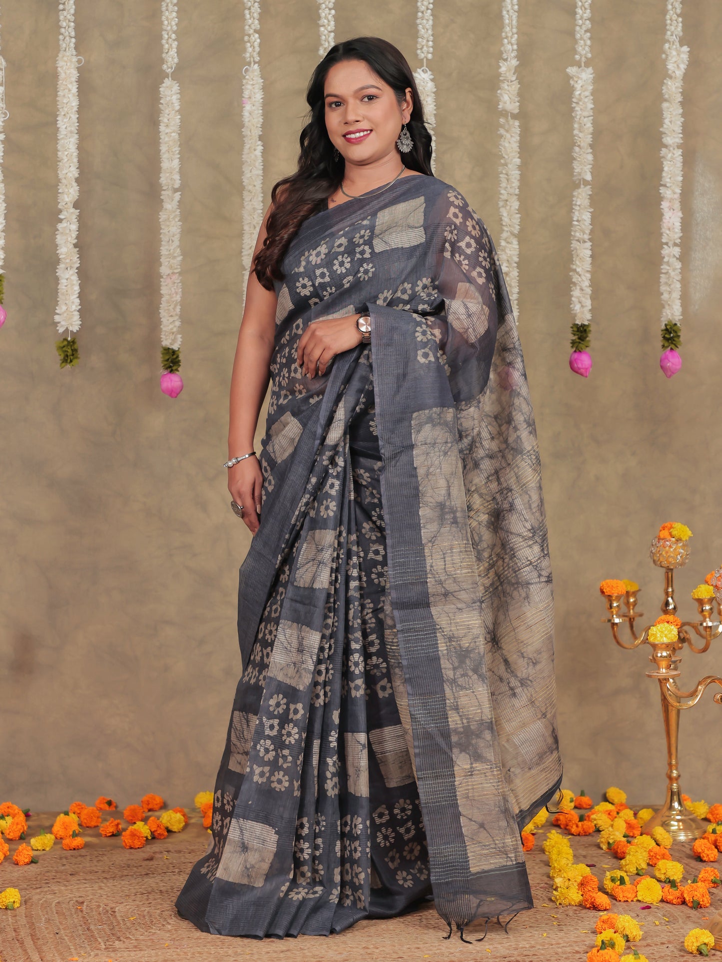 Chanderi Batik Grey Saree