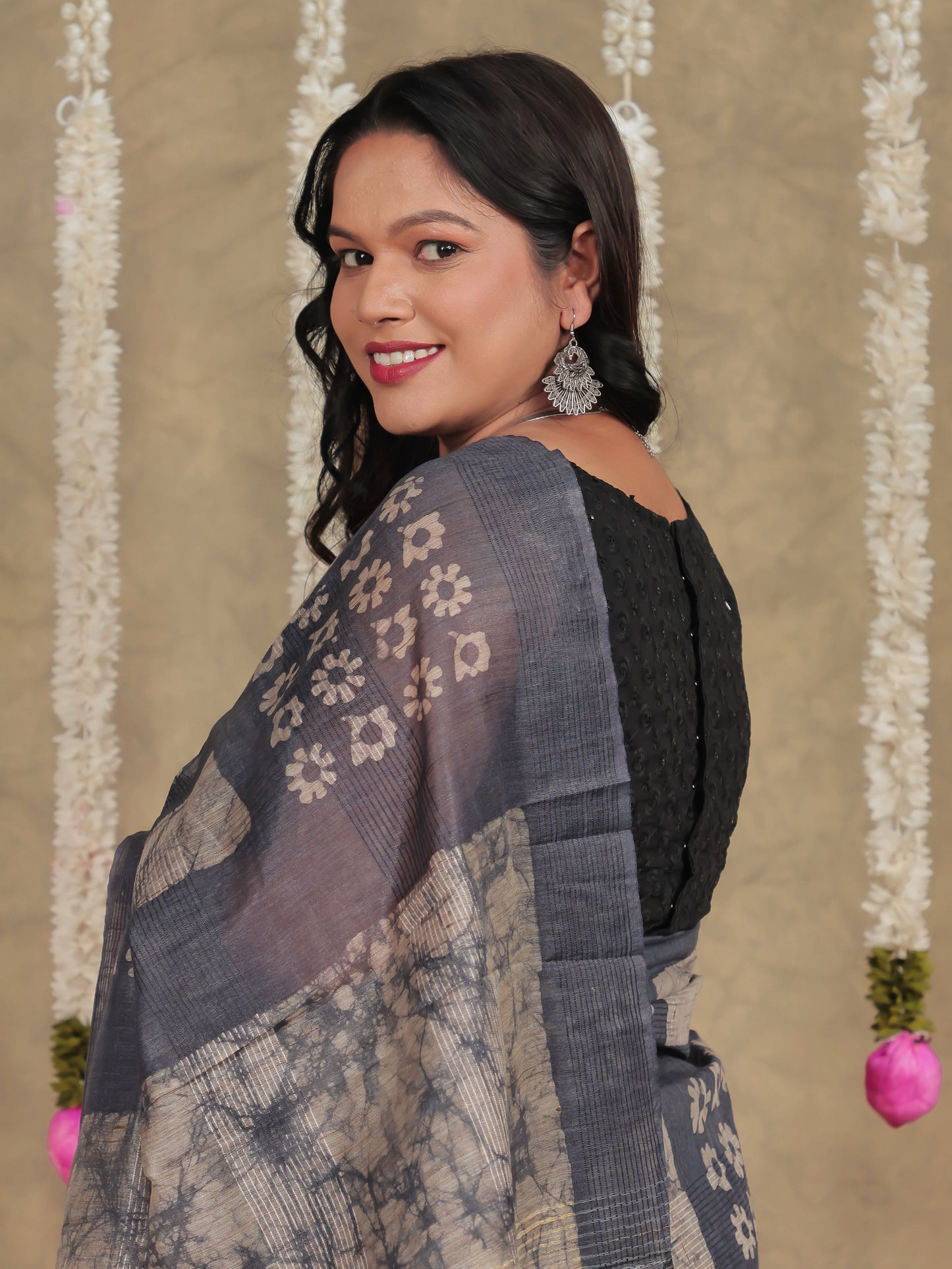 Chanderi Batik Grey Saree