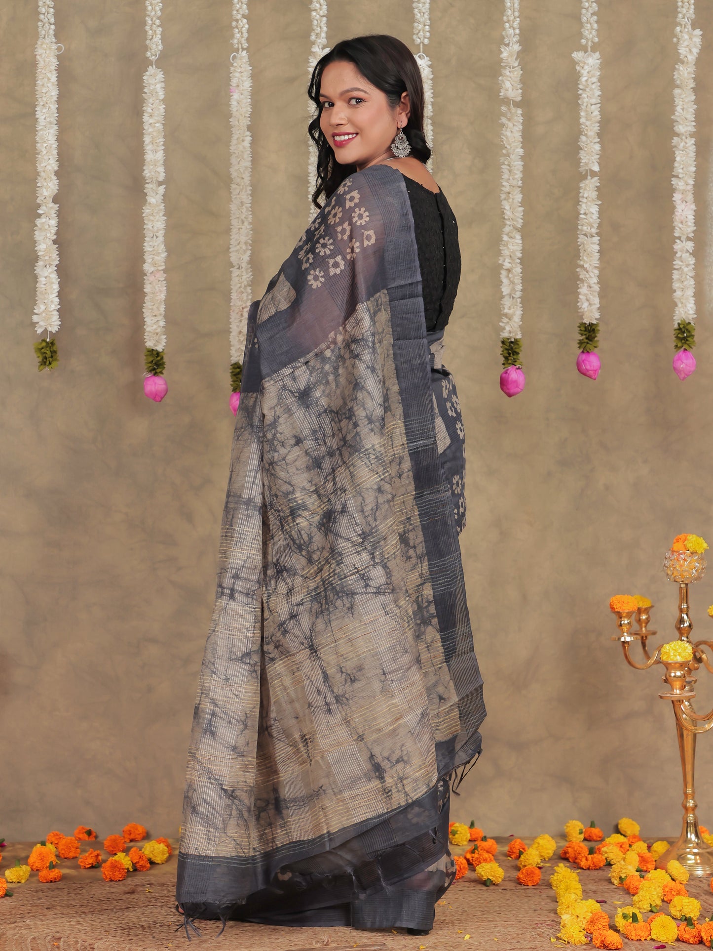 Chanderi Batik Grey Saree