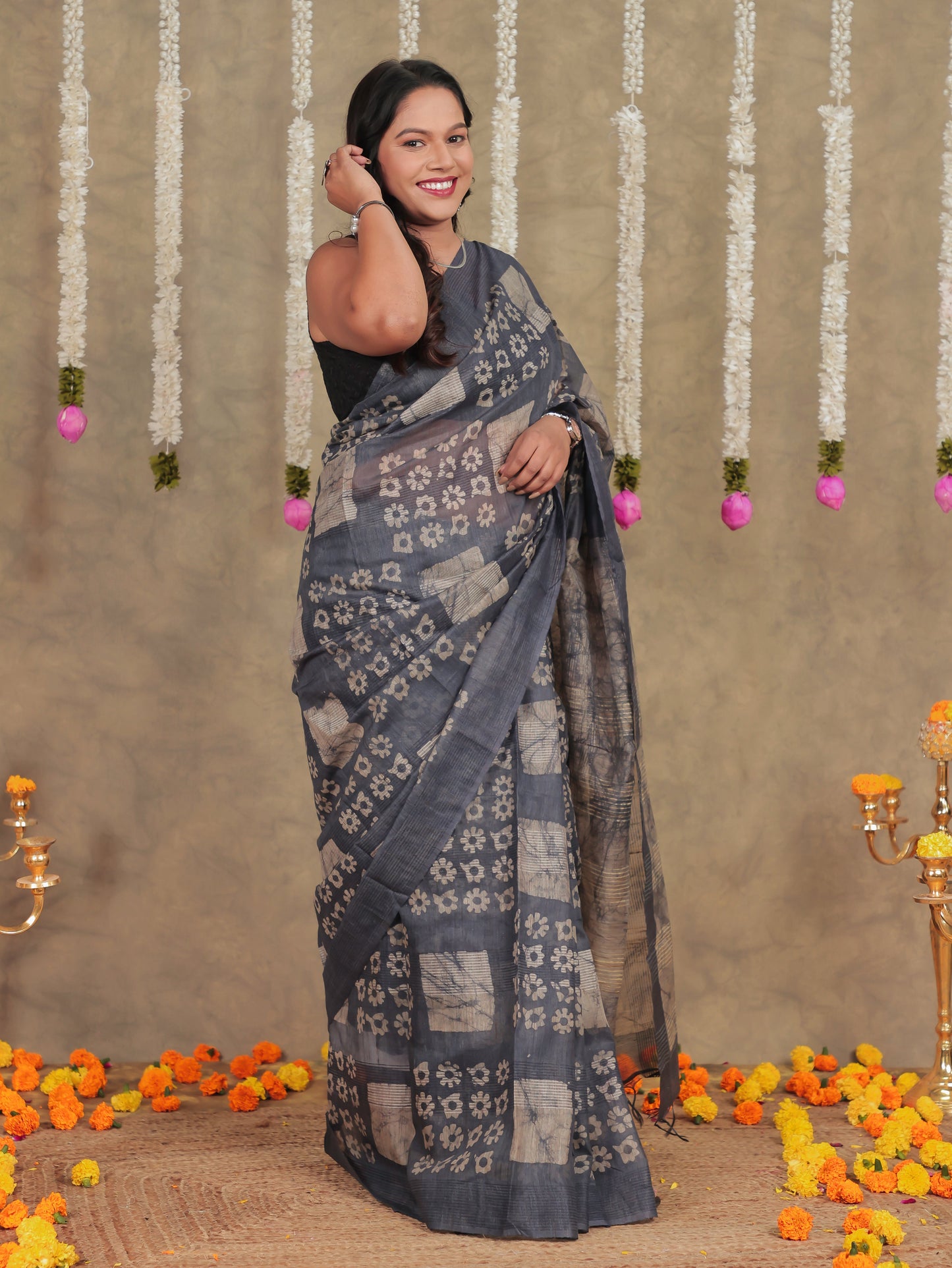 Chanderi Batik Grey Saree