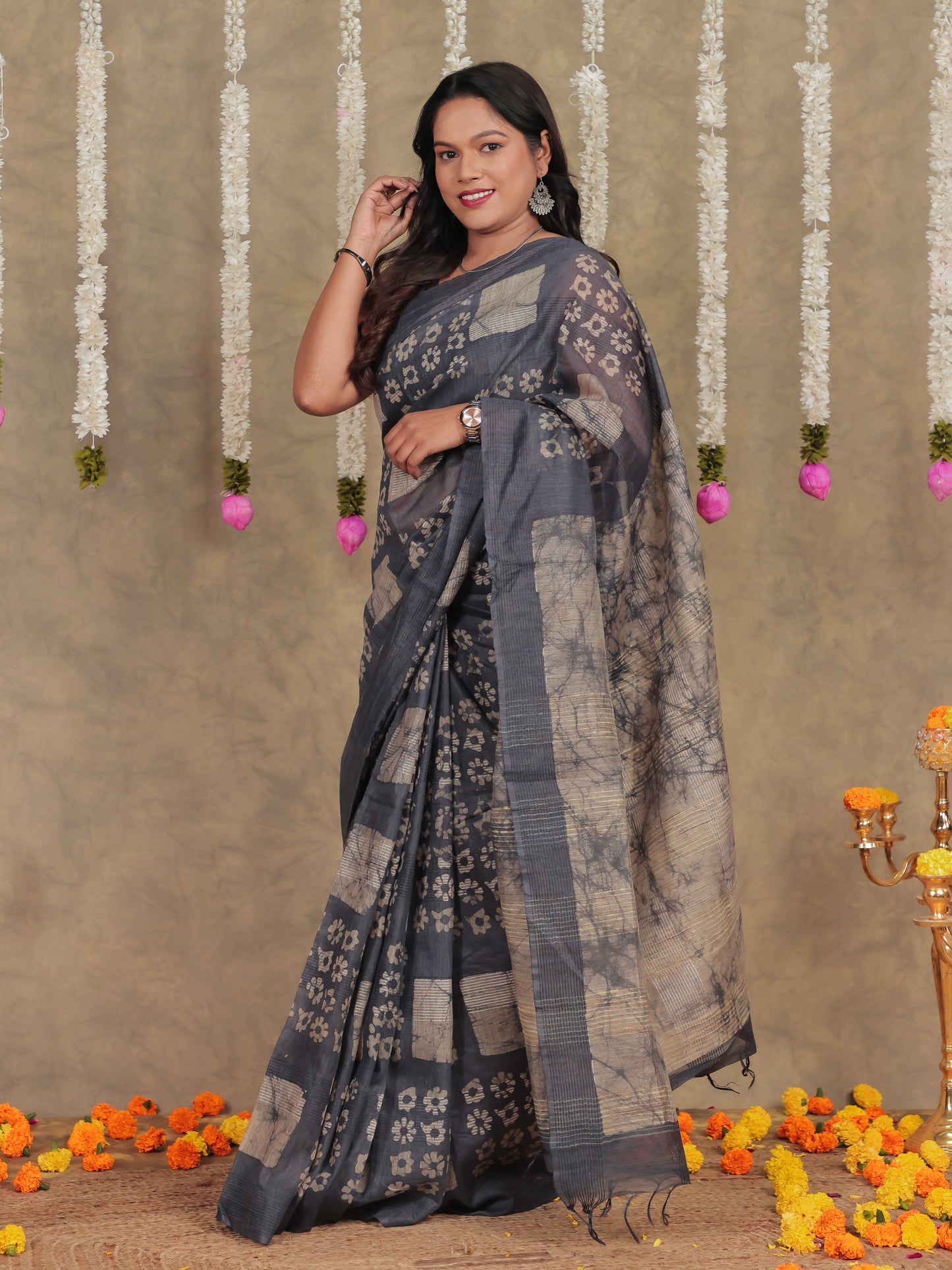 Chanderi Batik Grey Saree