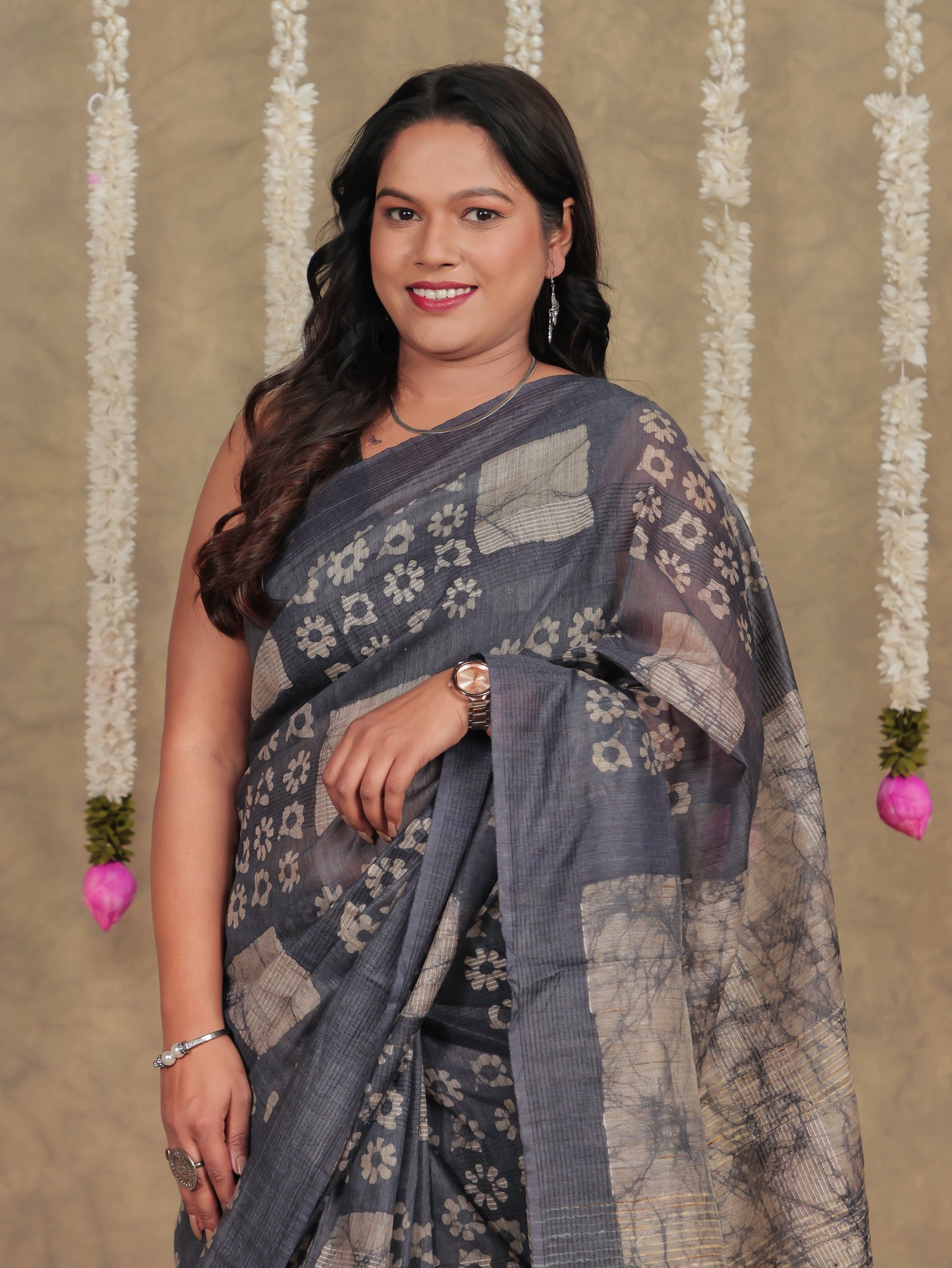 Chanderi Batik Grey Saree