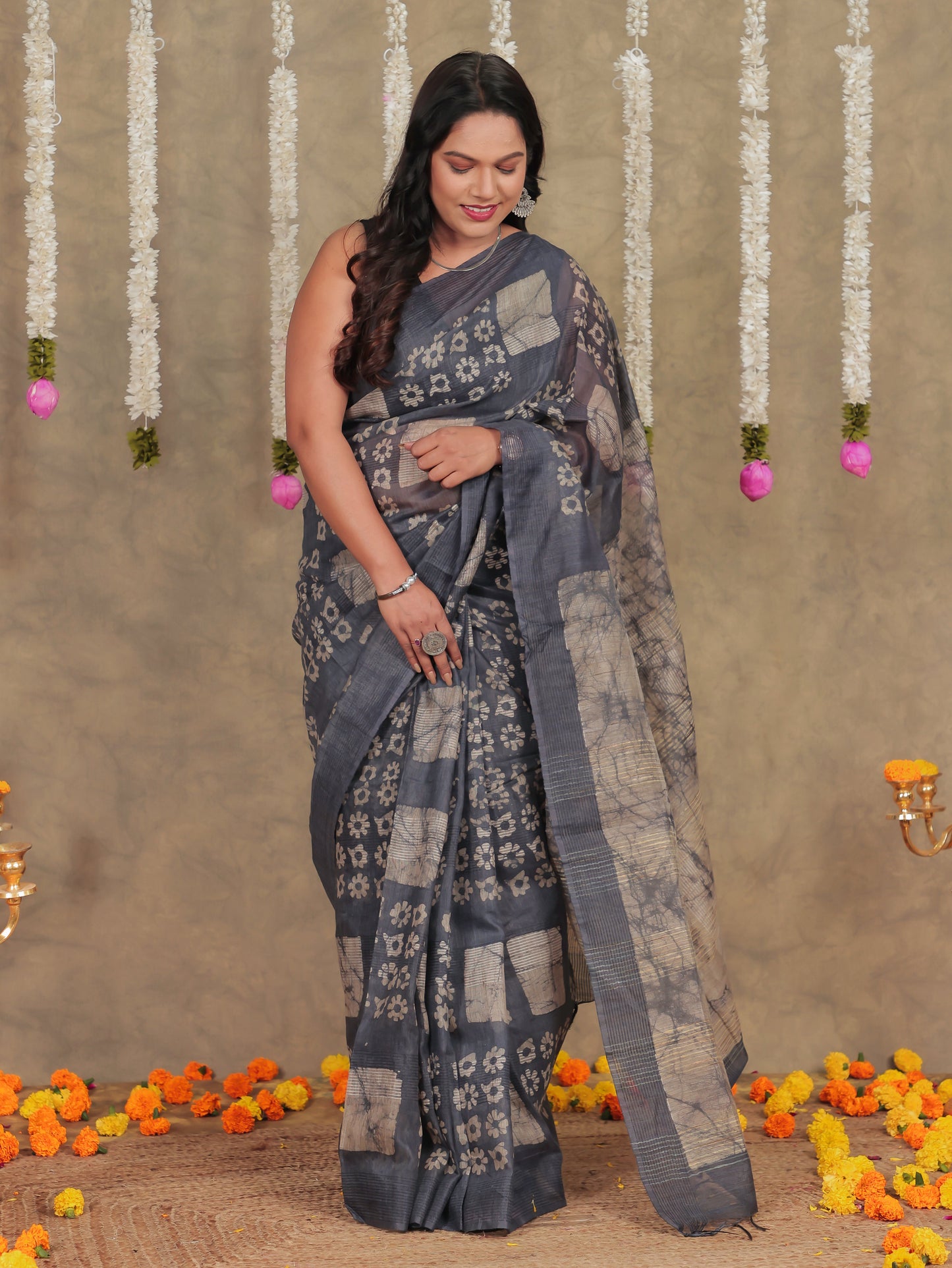 Chanderi Batik Grey Saree