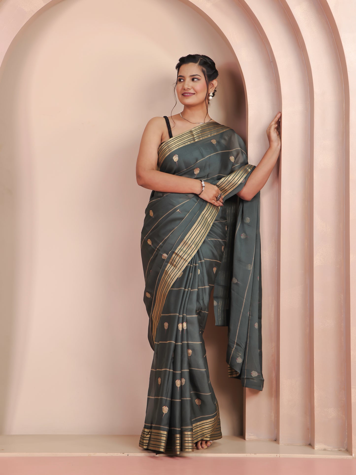 Self Design Georgette Gold foil Green Saree