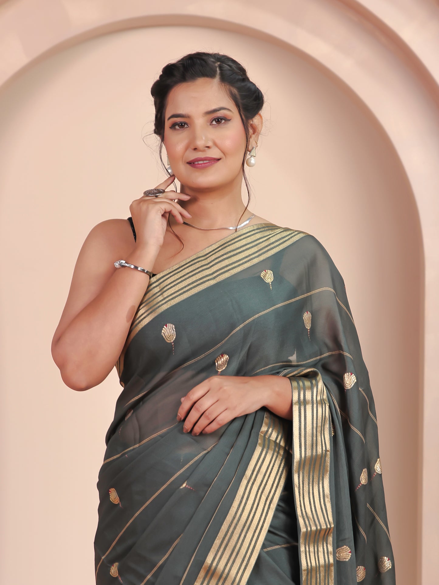 Self Design Georgette Gold foil Green Saree