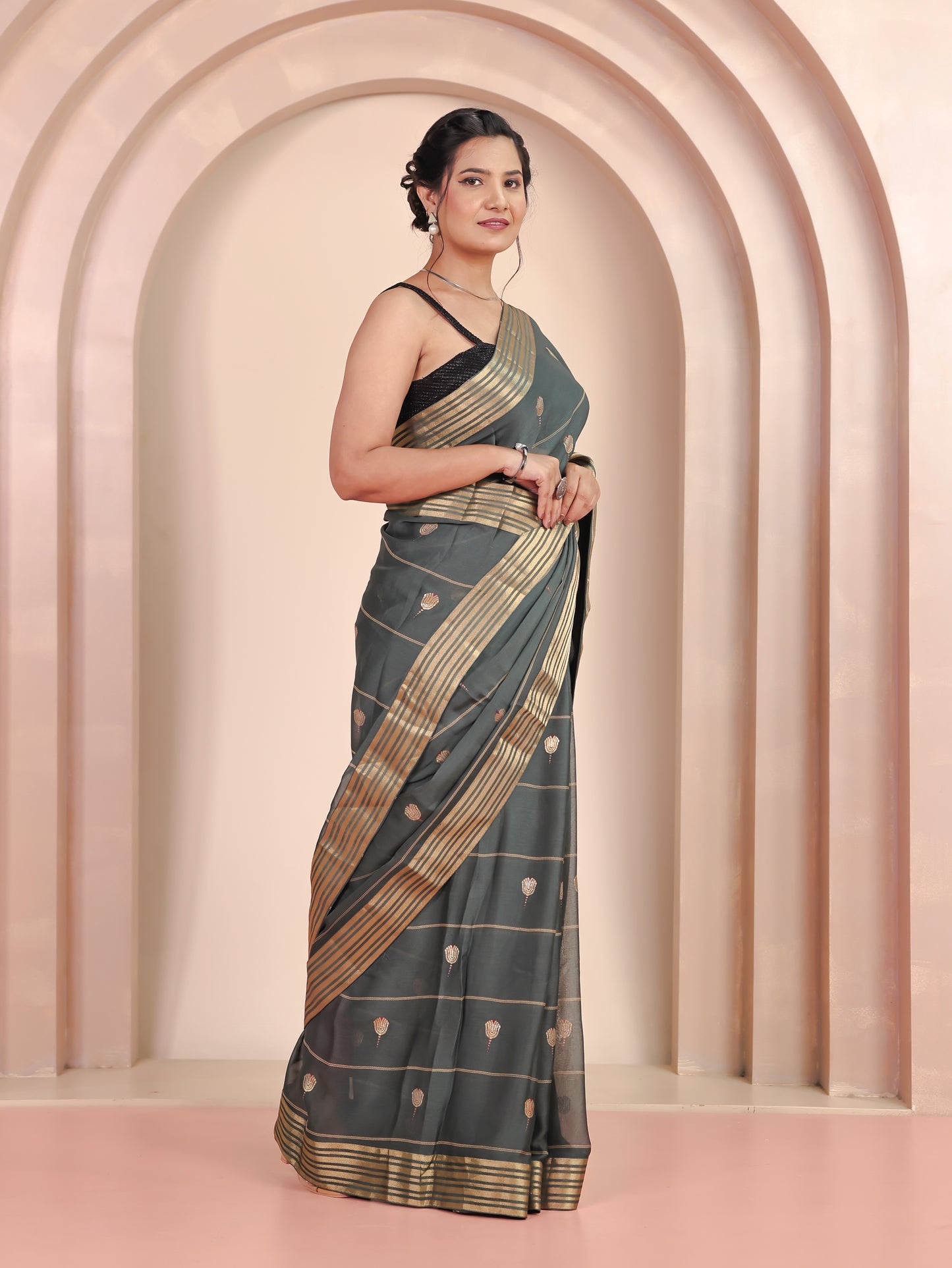 Self Design Georgette Gold foil Green Saree