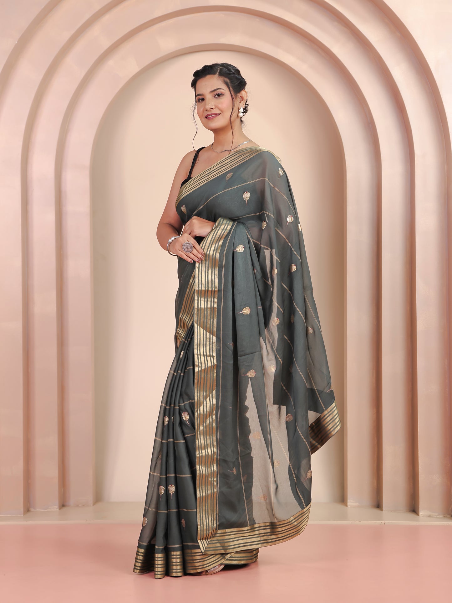 Self Design Georgette Gold foil Green Saree