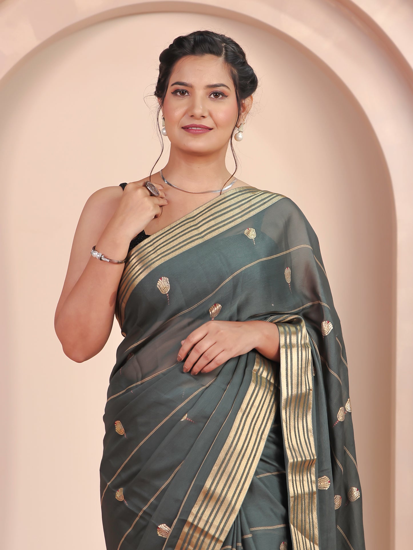 Self Design Georgette Gold foil Green Saree