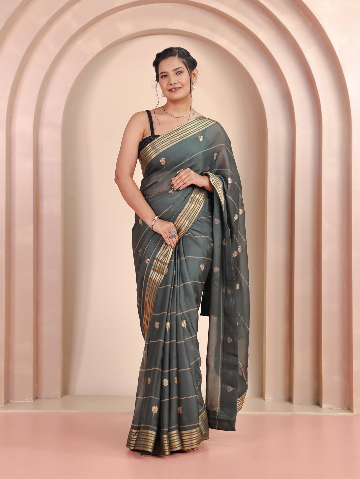 Self Design Georgette Gold foil Green Saree