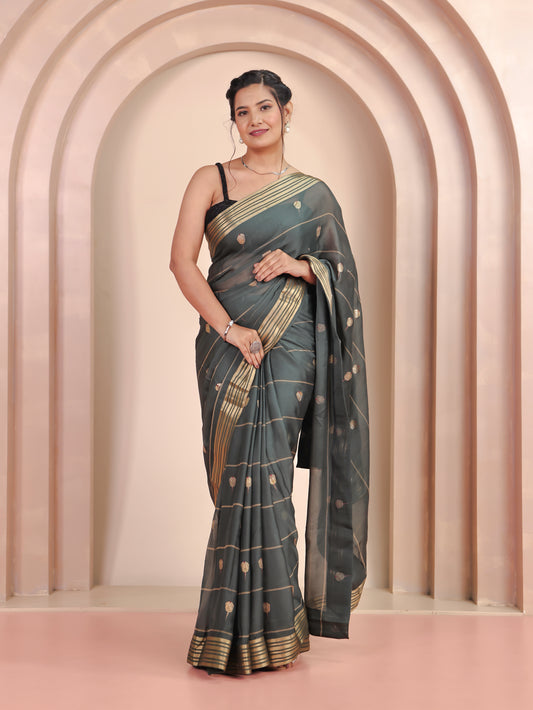 Self Design Georgette Gold foil Green Saree