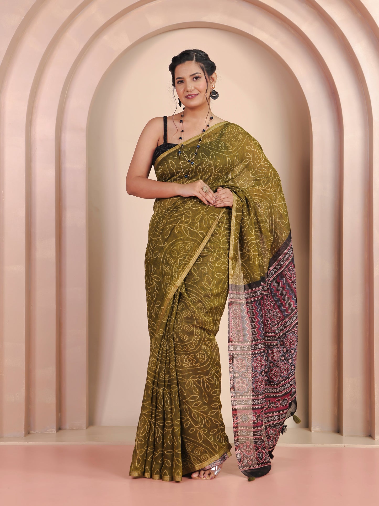 Cotton Silk Bandhani Olive Saree