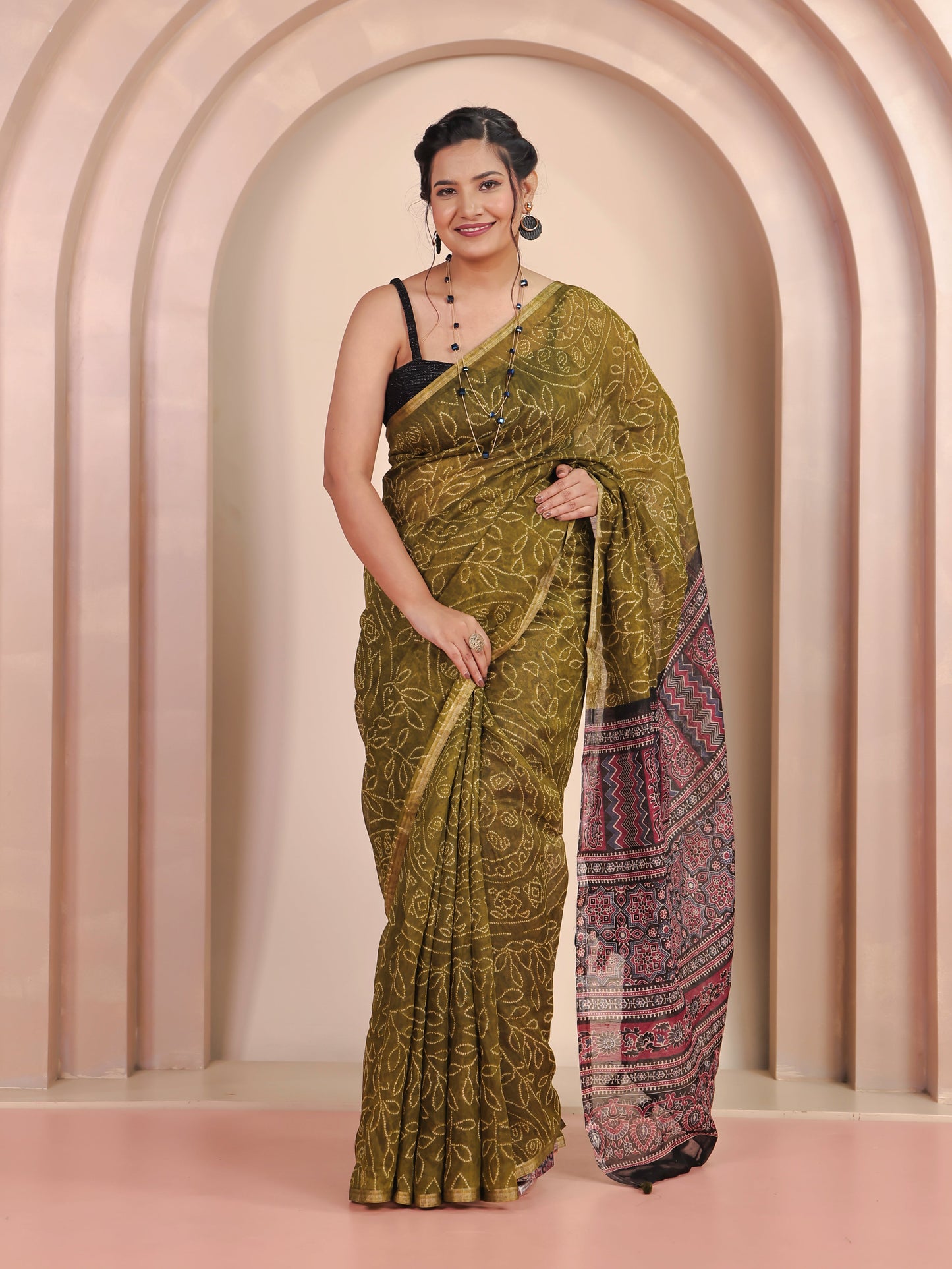 Cotton Silk Bandhani Olive Saree