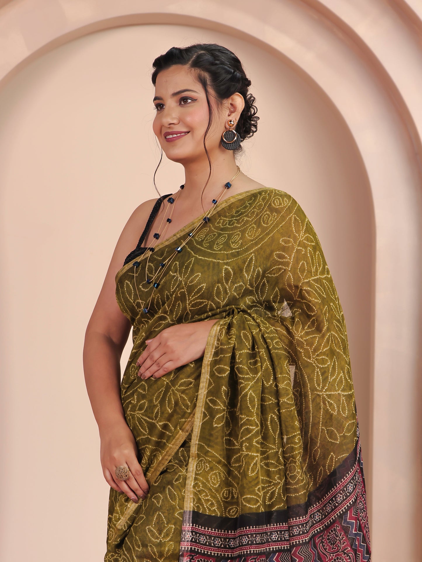 Cotton Silk Bandhani Olive Saree