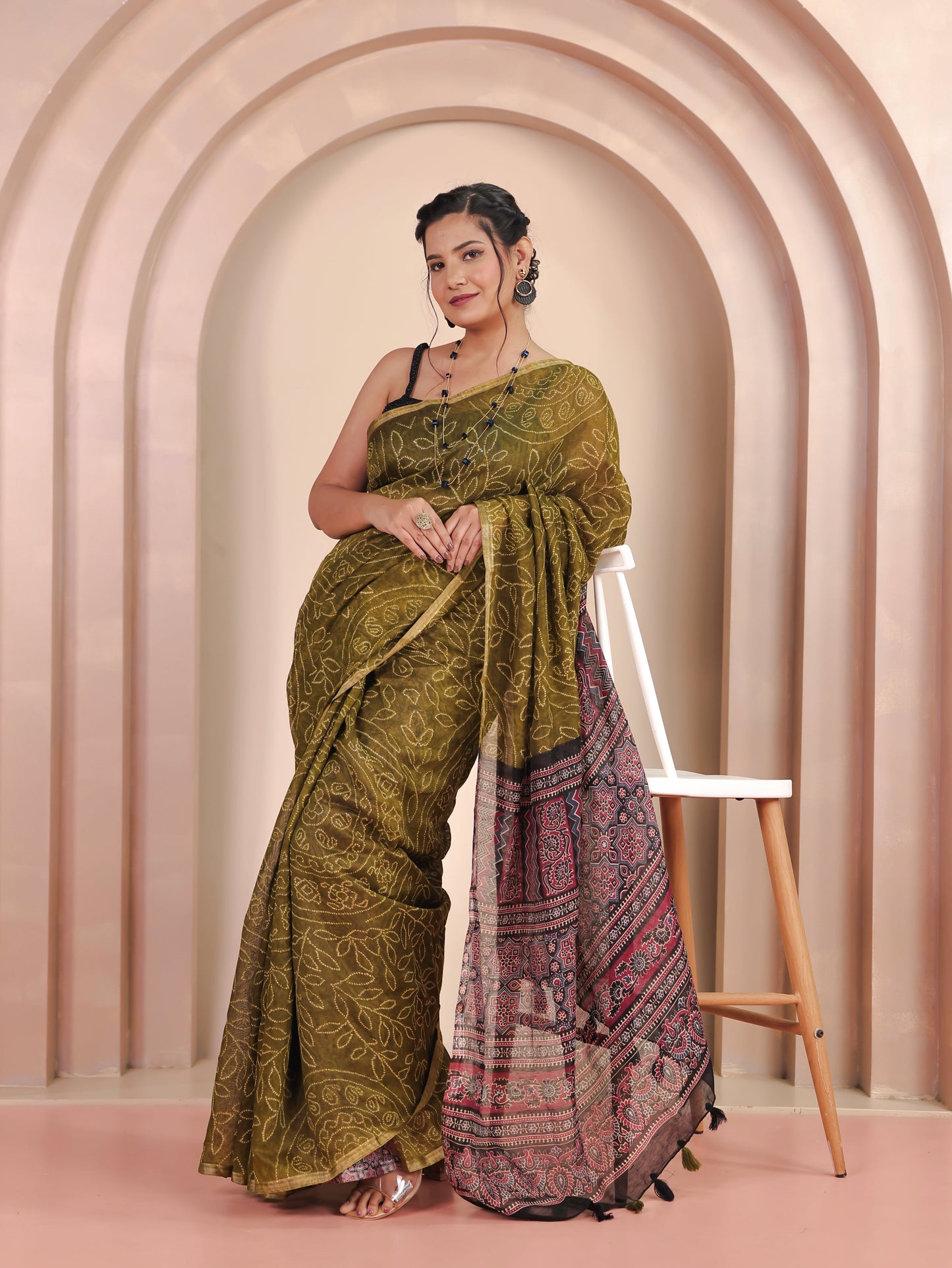 Cotton Silk Bandhani Olive Saree