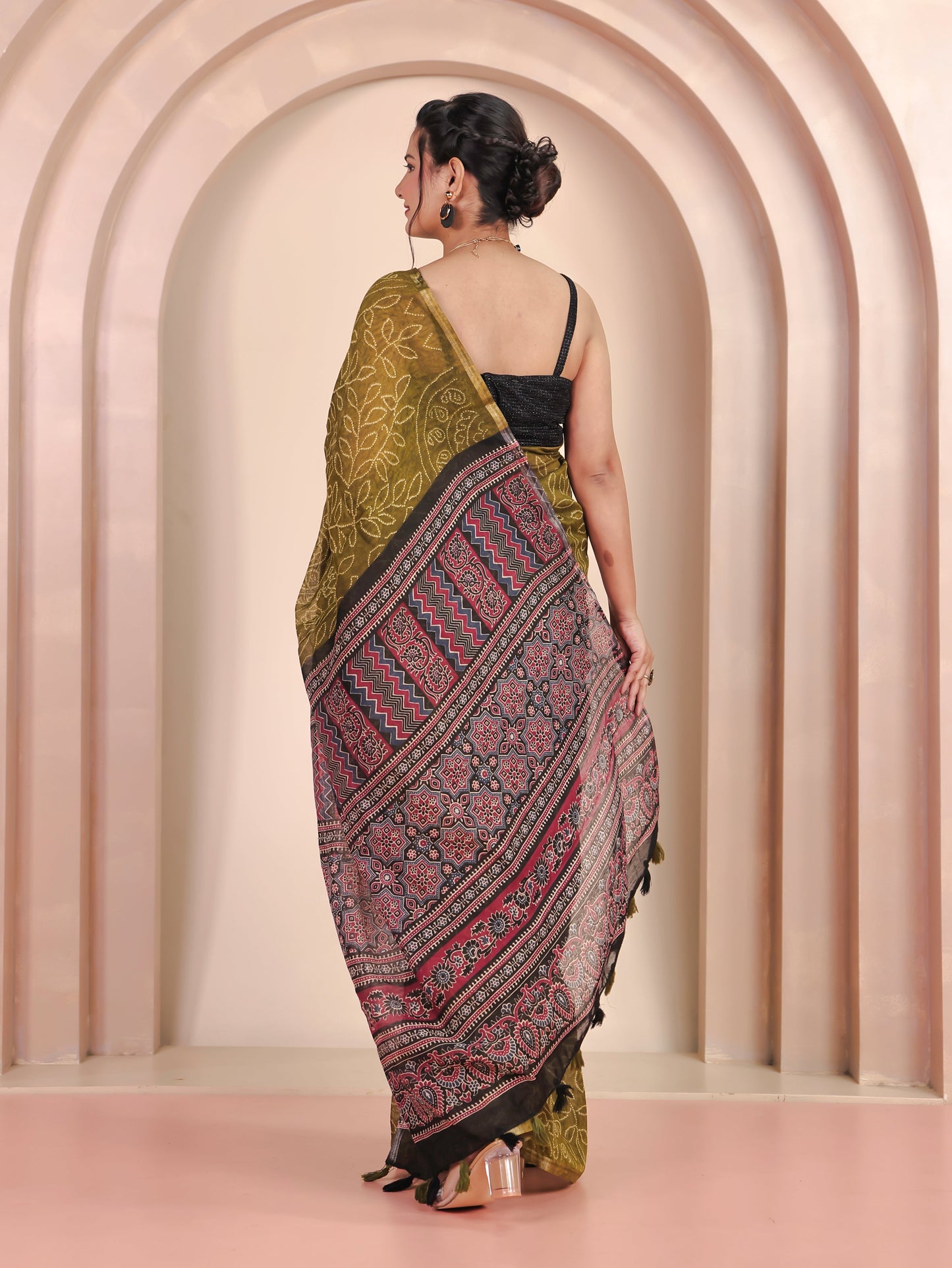 Cotton Silk Bandhani Olive Saree