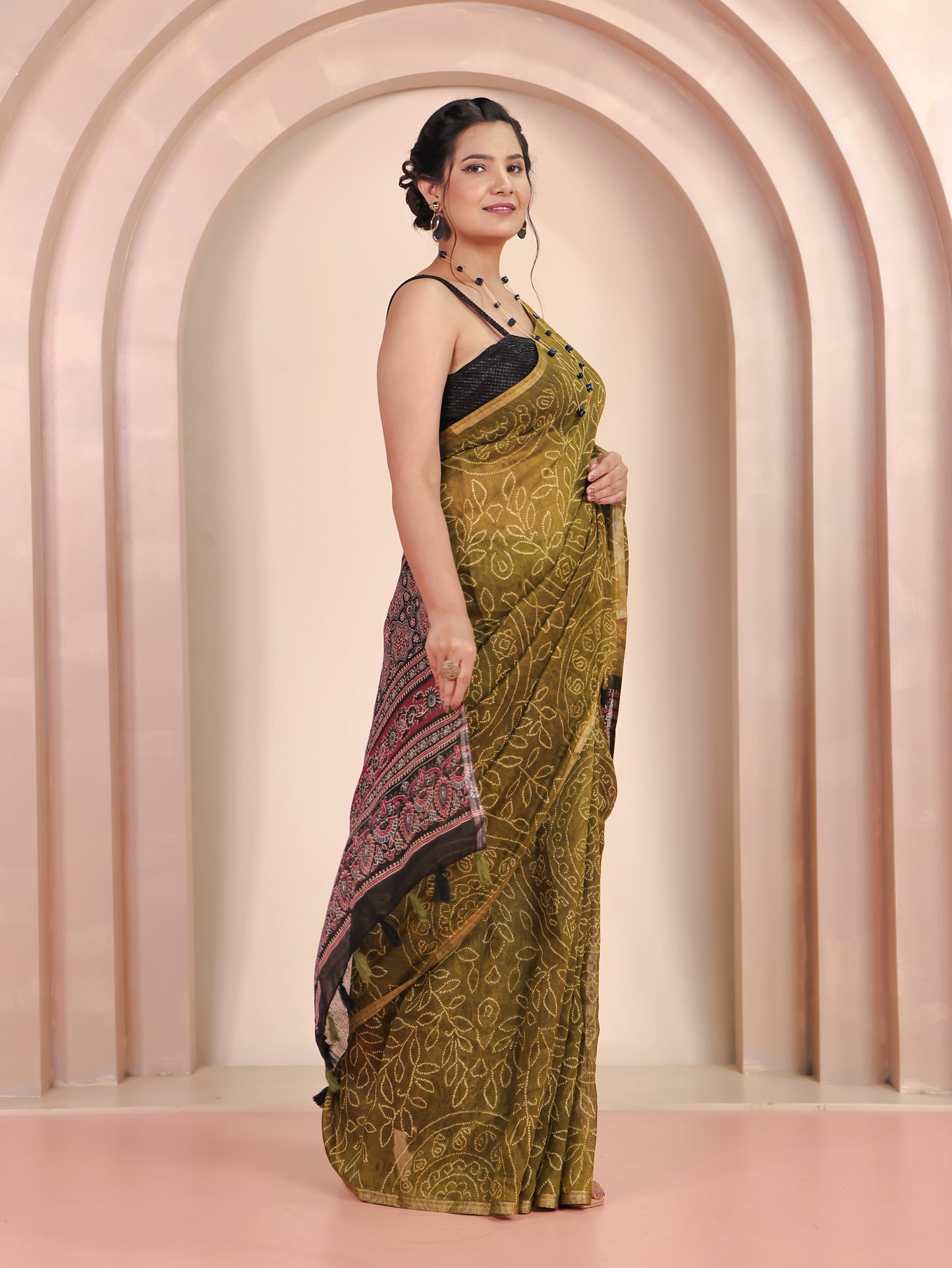 Cotton Silk Bandhani Olive Saree