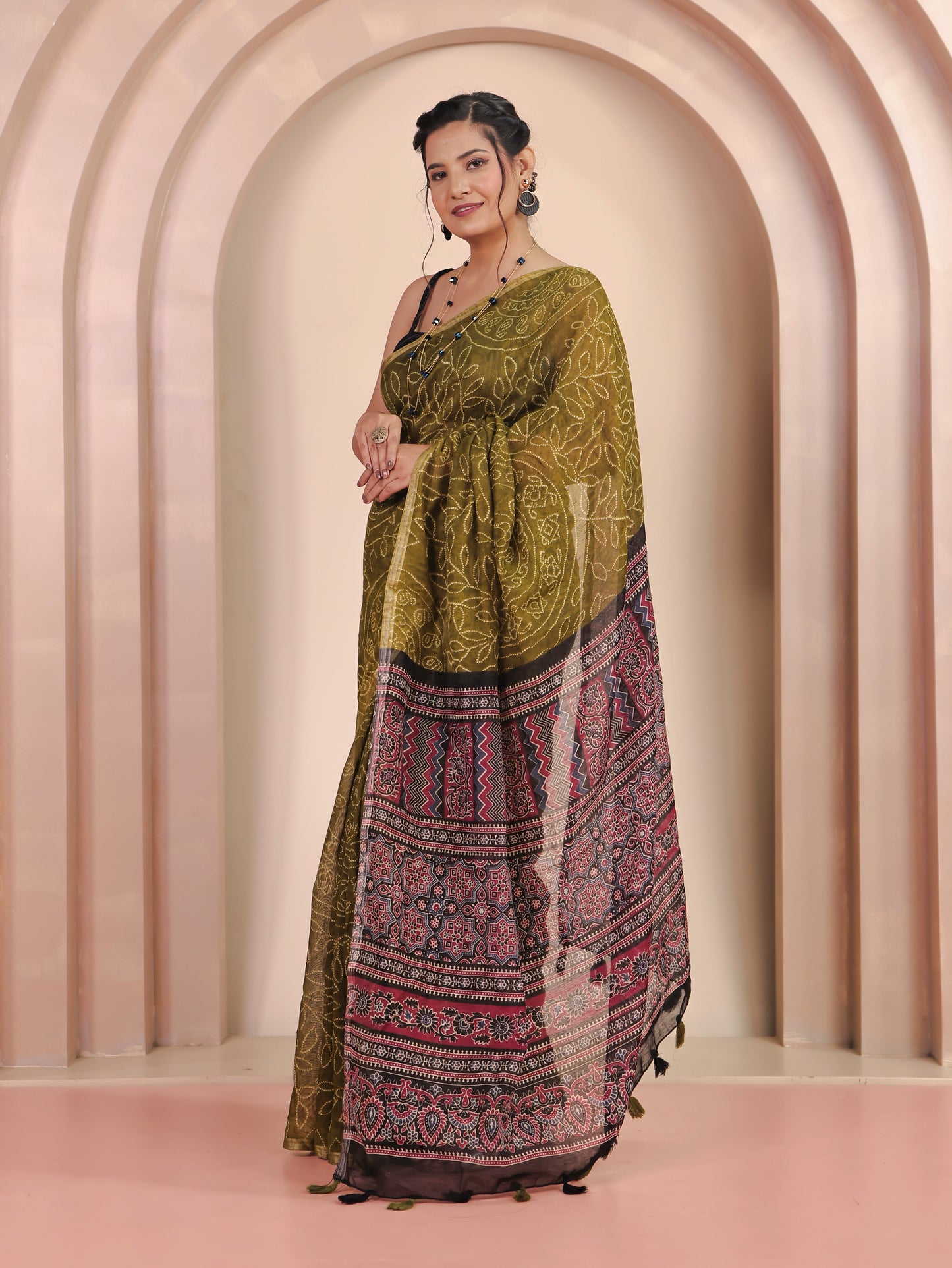 Cotton Silk Bandhani Olive Saree