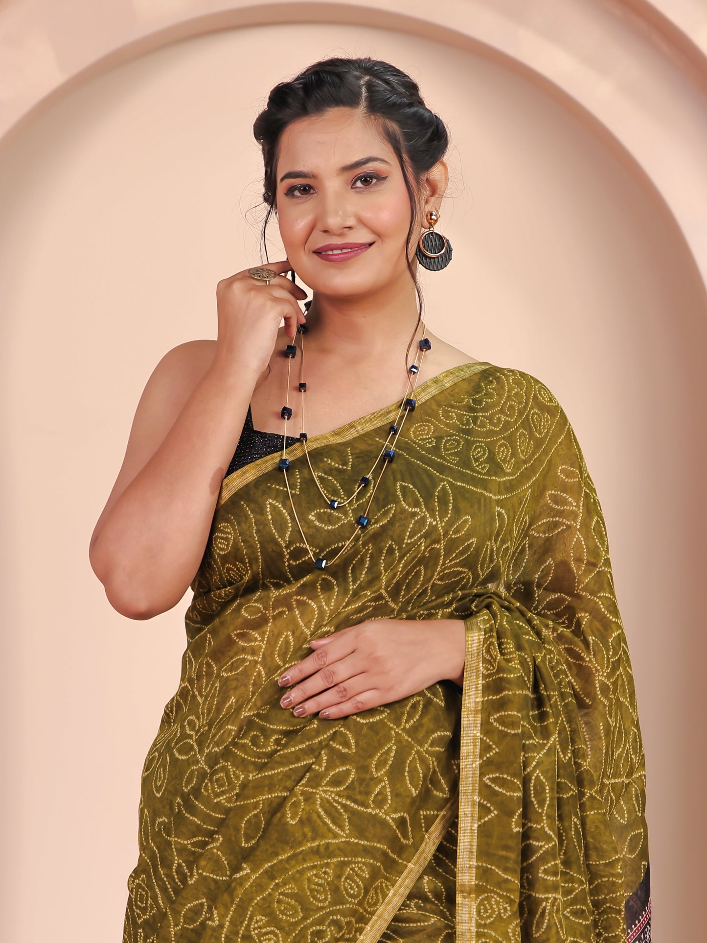 Cotton Silk Bandhani Olive Saree